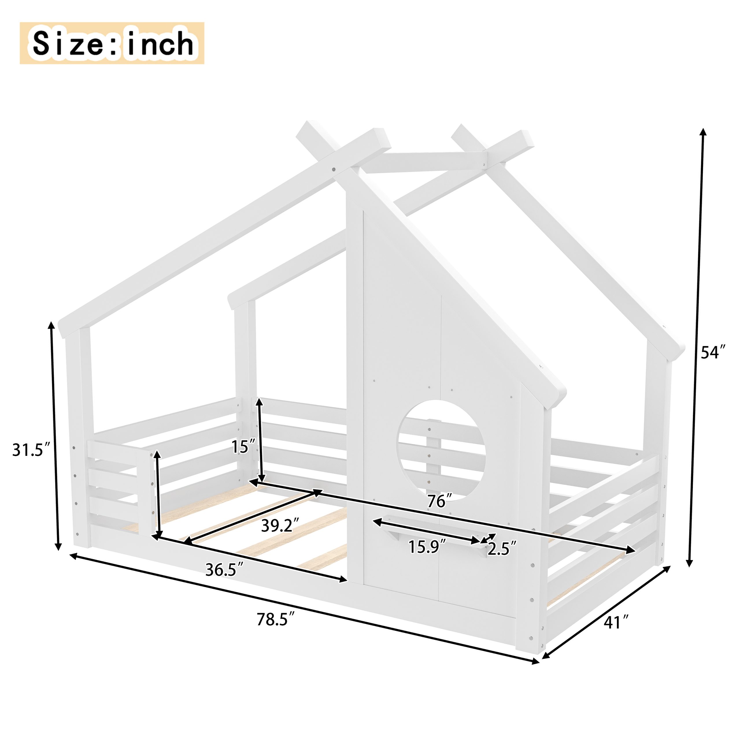 Twin House Floor Bed with Window and a Small Shelf, Solid Wood Floor Bed with House-shaped Roof, No Spring Box Needed, White - Image 4