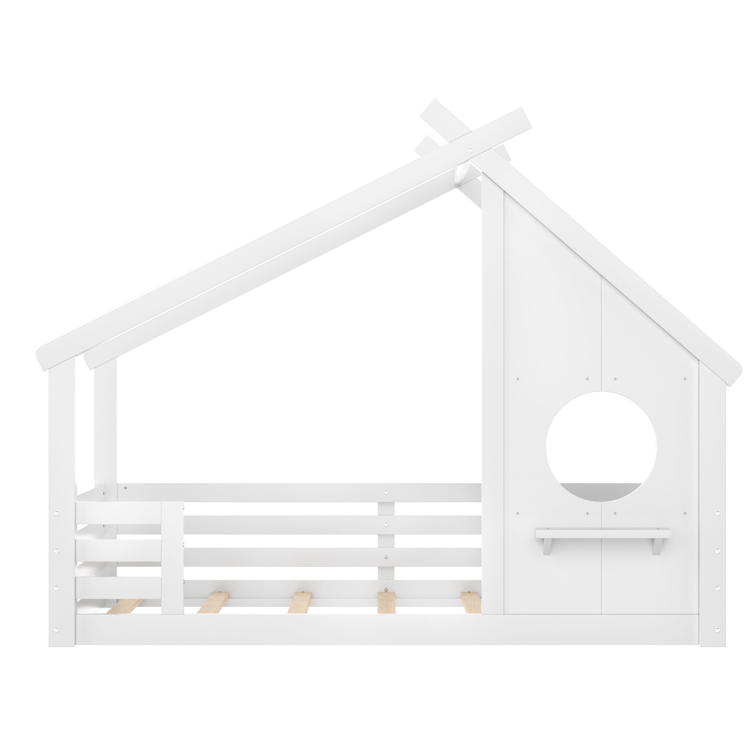 Twin House Floor Bed with Window and a Small Shelf, Solid Wood Floor Bed with House-shaped Roof, No Spring Box Needed, White - Image 5