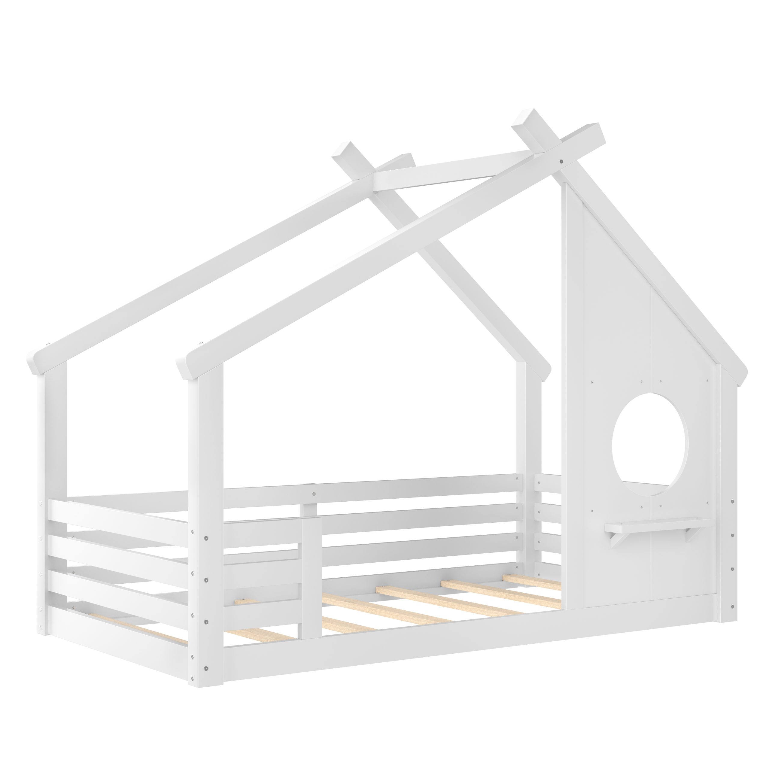 Twin House Floor Bed with Window and a Small Shelf, Solid Wood Floor Bed with House-shaped Roof, No Spring Box Needed, White - Image 6