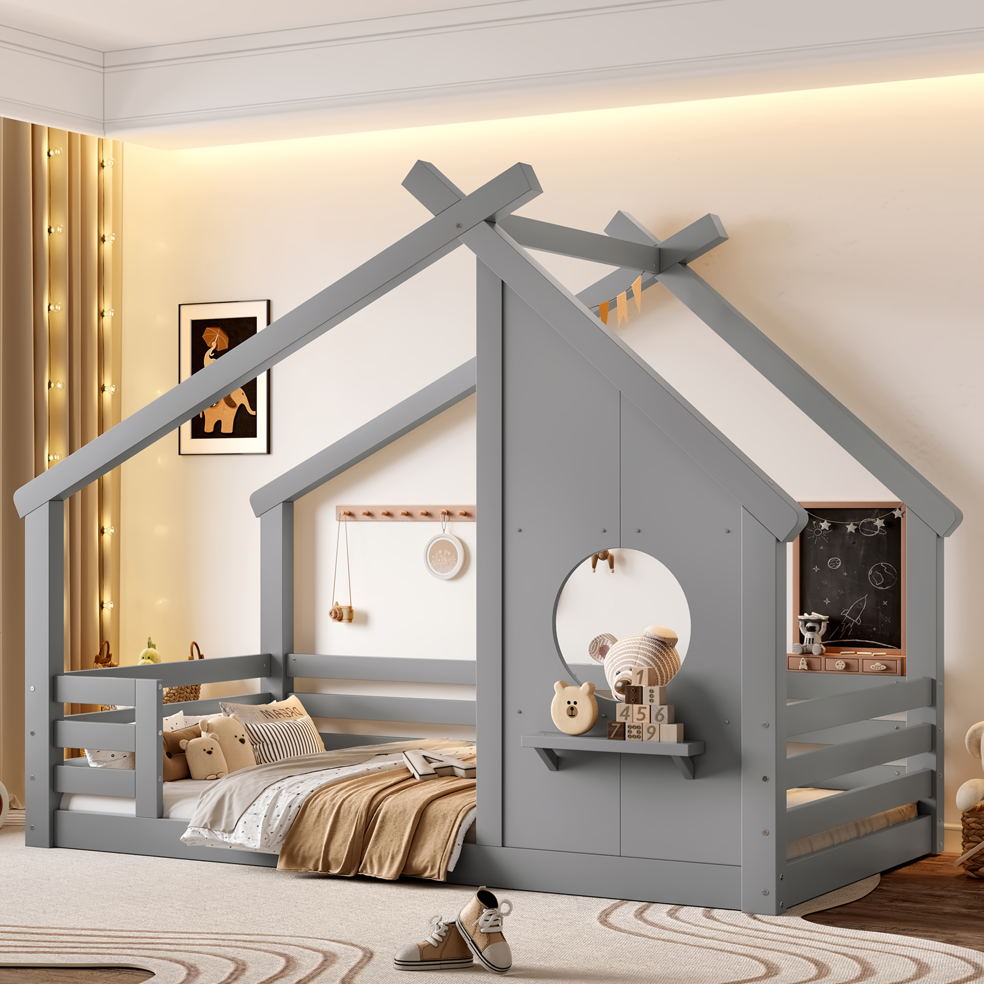 Twin House Floor Bed with Window and a Small Shelf, Solid Wood Floor Bed with House-shaped Roof, No Spring Box Needed, Gray - Image 1