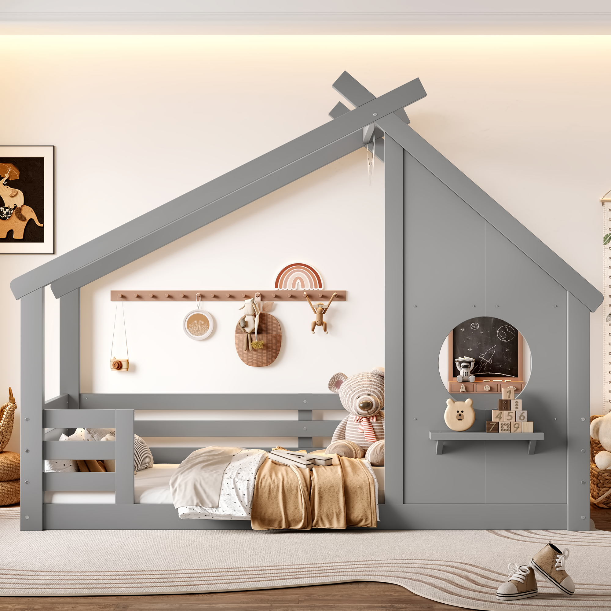 Twin House Floor Bed with Window and a Small Shelf, Solid Wood Floor Bed with House-shaped Roof, No Spring Box Needed, Gray - Image 2