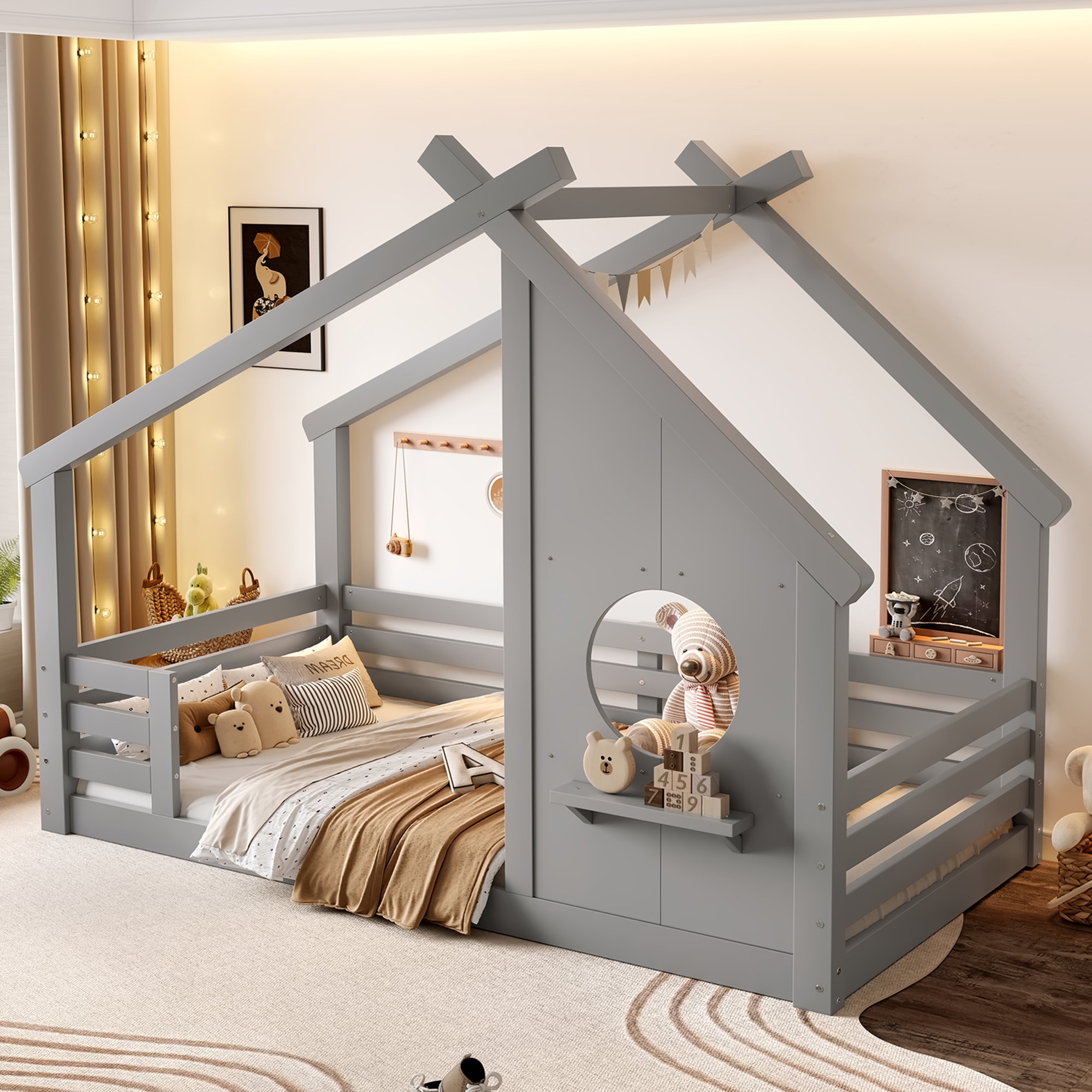 Twin House Floor Bed with Window and a Small Shelf, Solid Wood Floor Bed with House-shaped Roof, No Spring Box Needed, Gray - Image 3