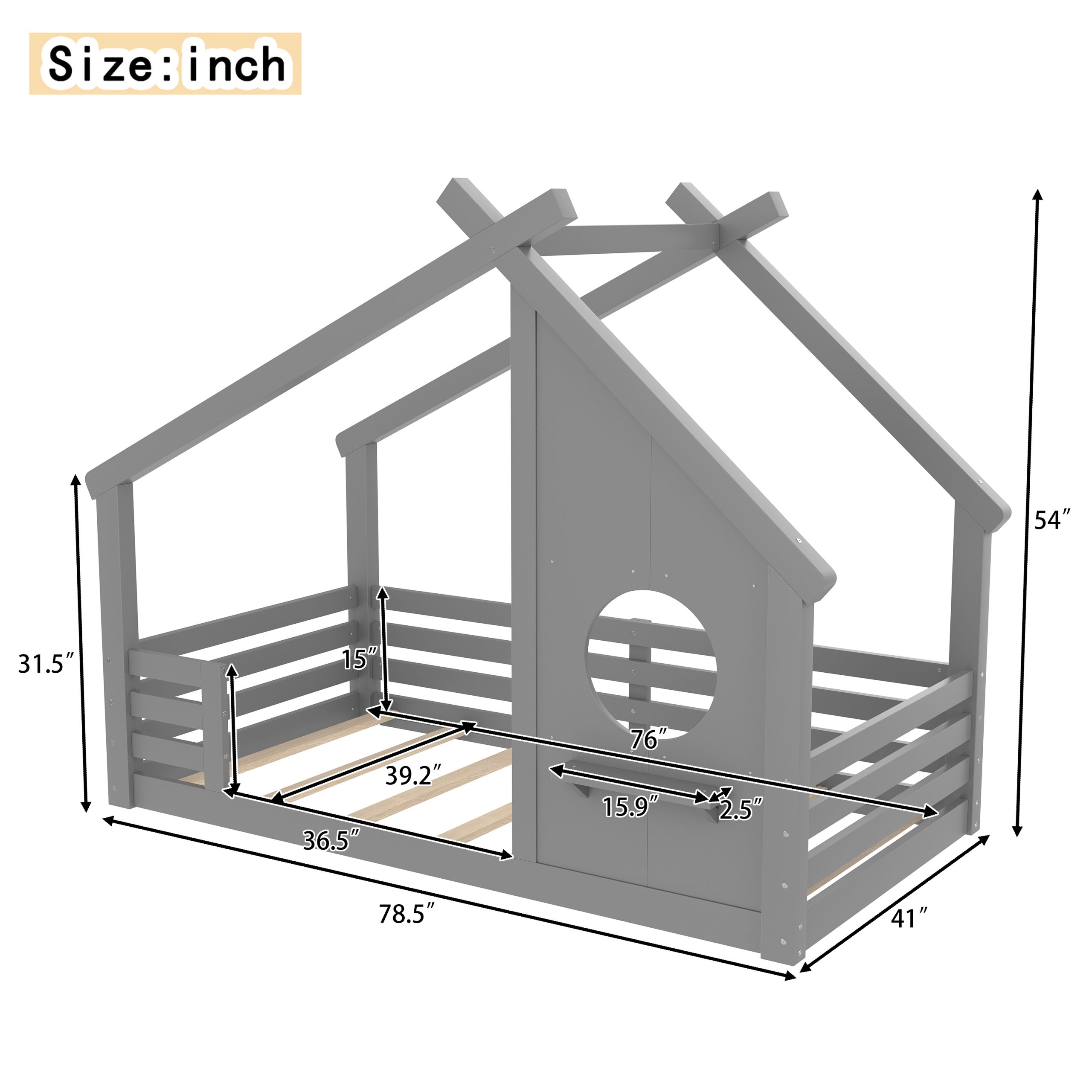 Twin House Floor Bed with Window and a Small Shelf, Solid Wood Floor Bed with House-shaped Roof, No Spring Box Needed, Gray - Image 4