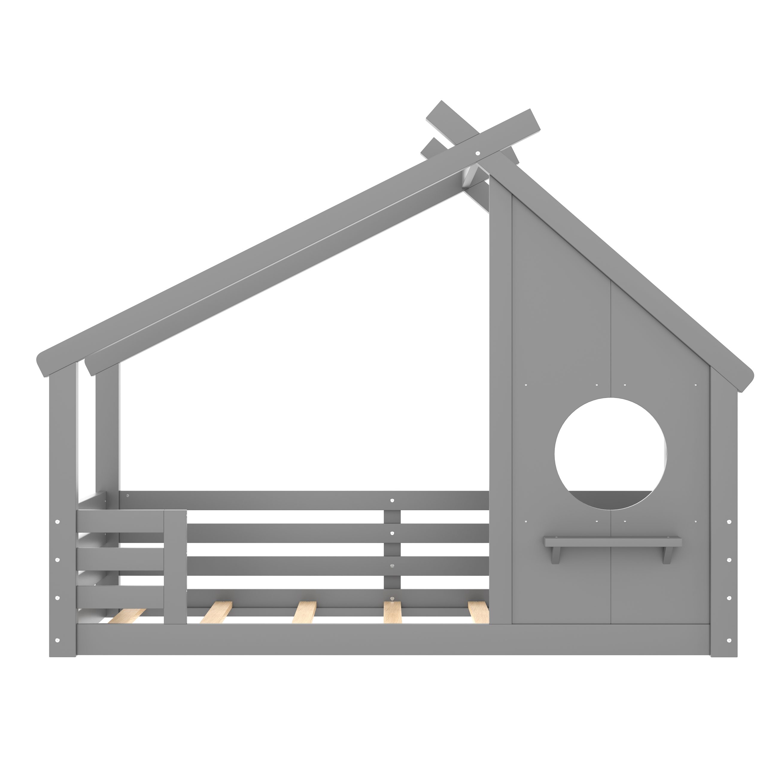 Twin House Floor Bed with Window and a Small Shelf, Solid Wood Floor Bed with House-shaped Roof, No Spring Box Needed, Gray - Image 5