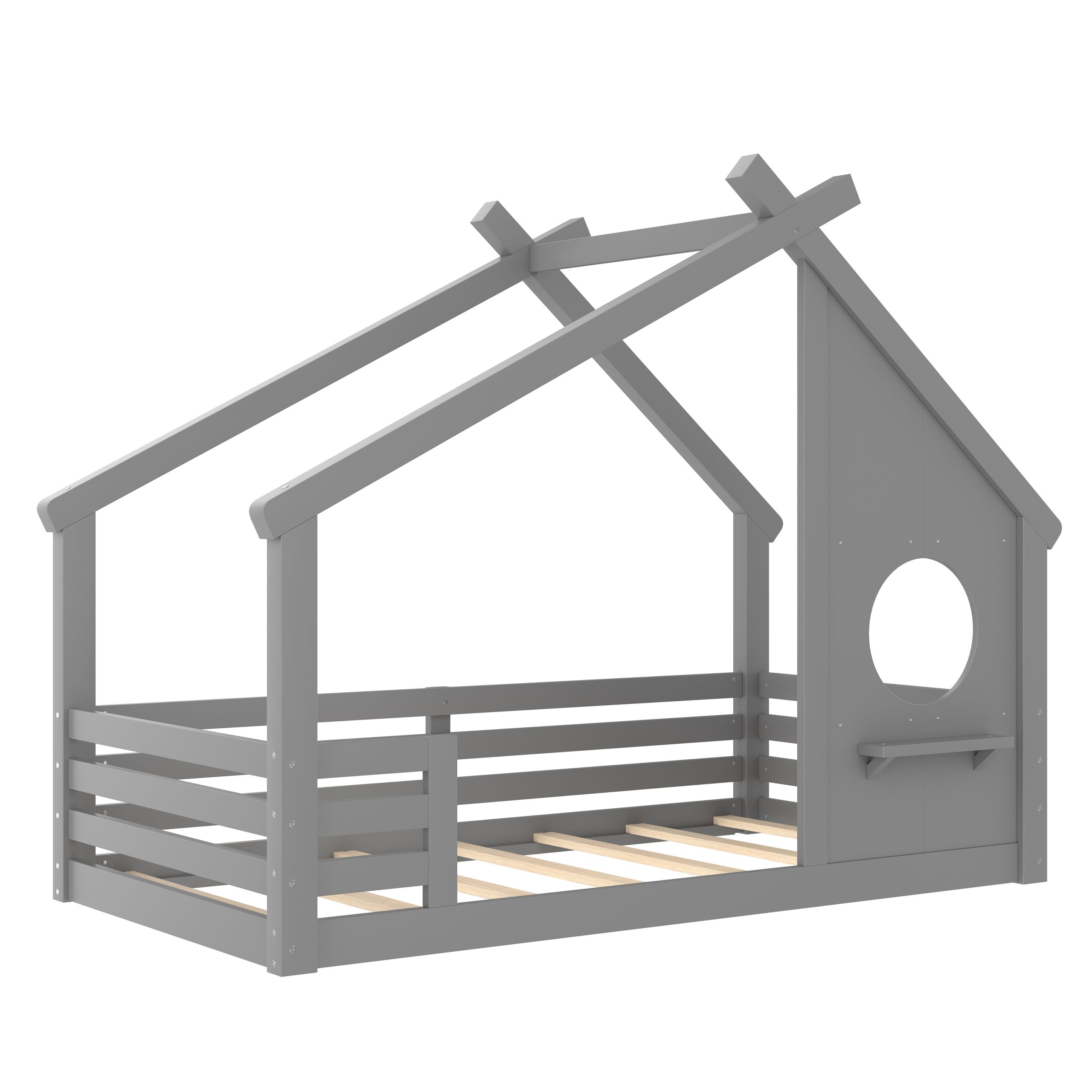 Twin House Floor Bed with Window and a Small Shelf, Solid Wood Floor Bed with House-shaped Roof, No Spring Box Needed, Gray - Image 6