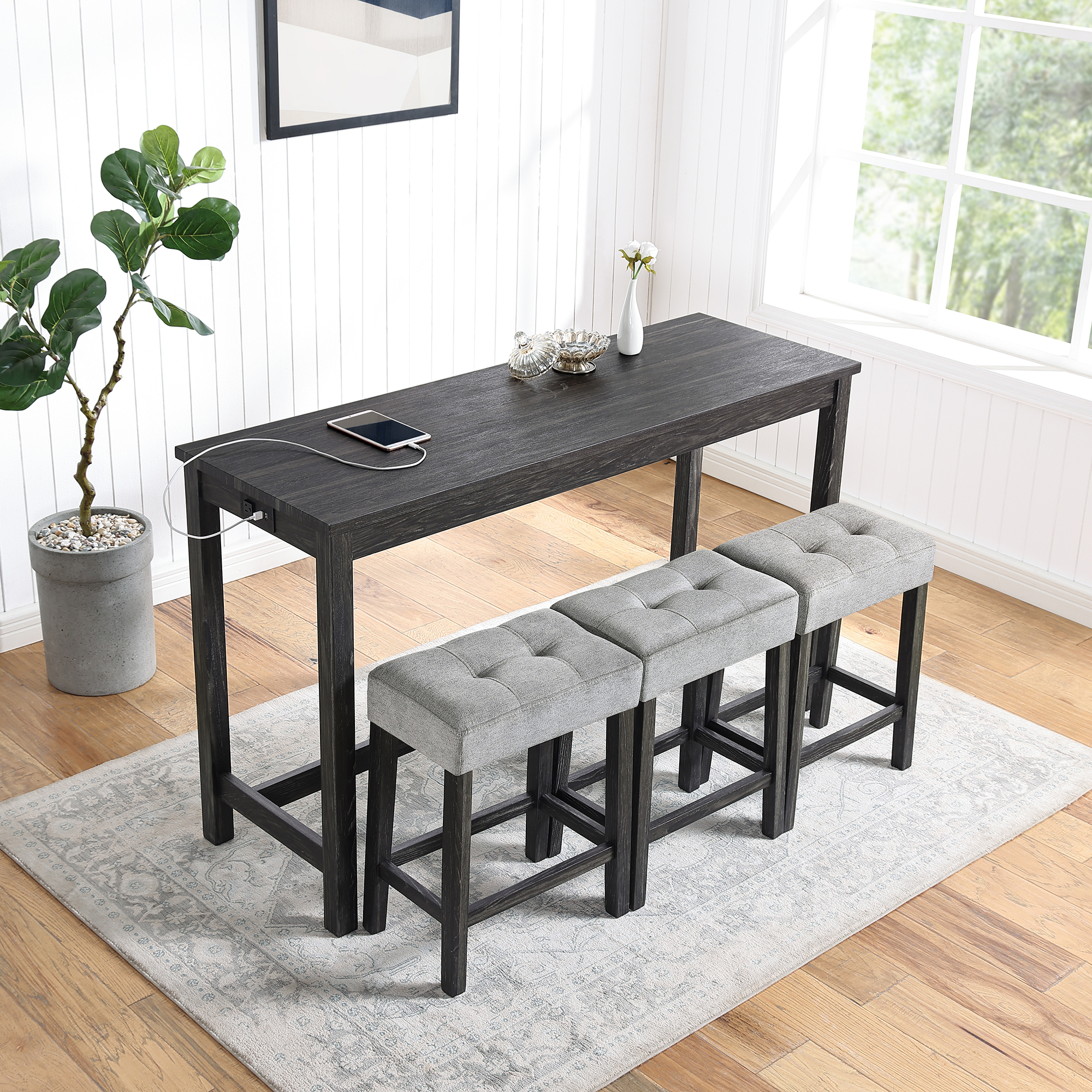 Bar Table Set with Power Outlet, Bar Table and Chairs Set, 4 Piece Dining Table Set, Industrial Breakfast Table Set, for Living Room, Dining Room, Game Room - Image 2