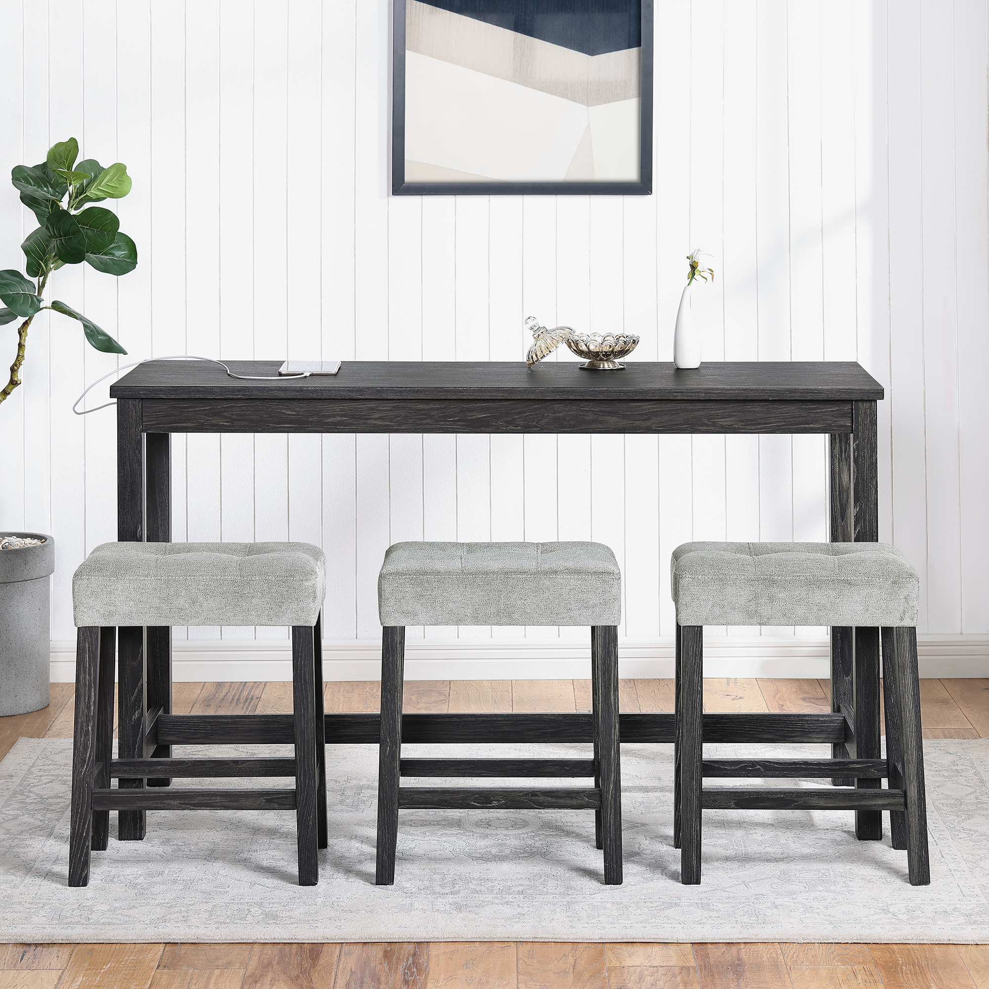 Bar Table Set with Power Outlet, Bar Table and Chairs Set, 4 Piece Dining Table Set, Industrial Breakfast Table Set, for Living Room, Dining Room, Game Room - Image 3