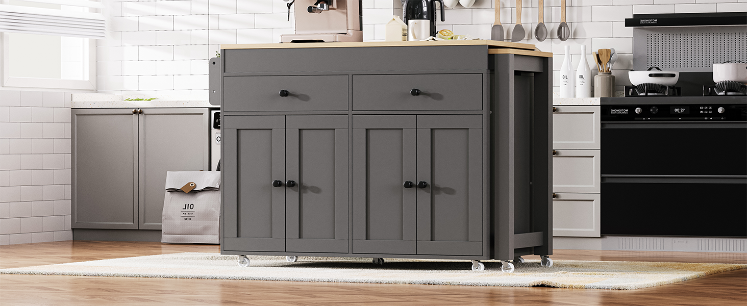 K&K 74.5 inch Kitchen Island with Extendable Dining Table , Rolling Kitchen Island on Wheels with Spice Rack and 2 Drawers, 4 Door Cabinet, for Kitchen, Dining Room, Grey (Two Packages) - Image 2