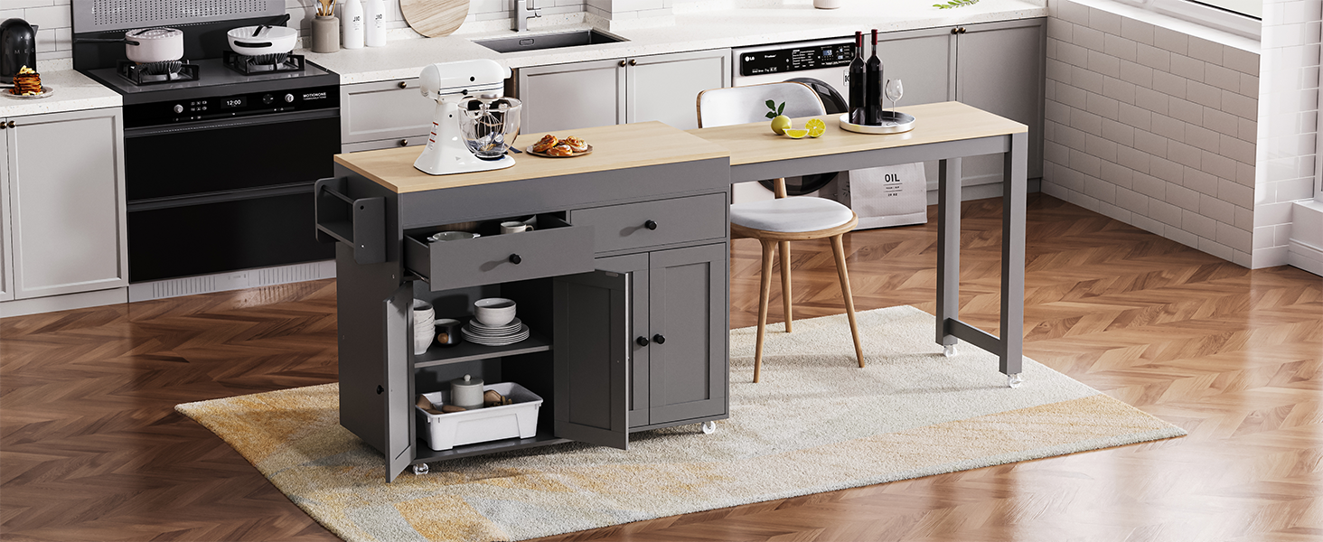 K&K 74.5 inch Kitchen Island with Extendable Dining Table , Rolling Kitchen Island on Wheels with Spice Rack and 2 Drawers, 4 Door Cabinet, for Kitchen, Dining Room, Grey (Two Packages) - Image 3