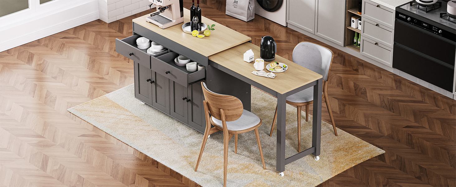 K&K 74.5 inch Kitchen Island with Extendable Dining Table , Rolling Kitchen Island on Wheels with Spice Rack and 2 Drawers, 4 Door Cabinet, for Kitchen, Dining Room, Grey (Two Packages) - Image 5