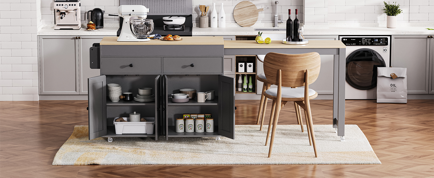 K&K 74.5 inch Kitchen Island with Extendable Dining Table , Rolling Kitchen Island on Wheels with Spice Rack and 2 Drawers, 4 Door Cabinet, for Kitchen, Dining Room, Grey (Two Packages) - Image 4