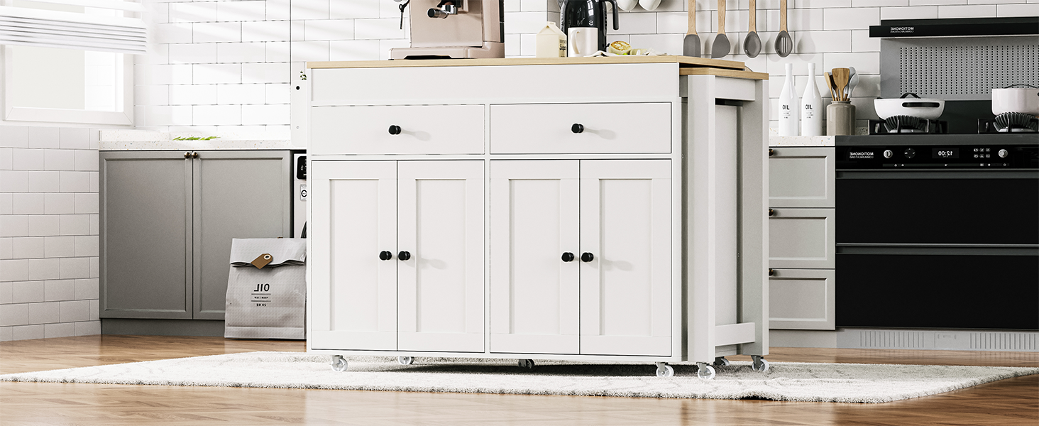 K&K 74.5 inch Kitchen Island with Extendable Dining Table , Rolling Kitchen Island on Wheels with Spice Rack and 2 Drawers, 4 Door Cabinet, for Kitchen, Dining Room, White (One Package) - Image 2
