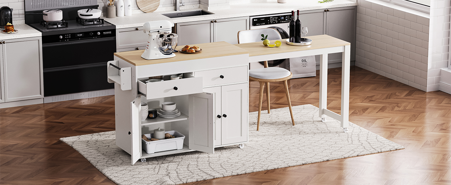 K&K 74.5 inch Kitchen Island with Extendable Dining Table , Rolling Kitchen Island on Wheels with Spice Rack and 2 Drawers, 4 Door Cabinet, for Kitchen, Dining Room, White (One Package) - Image 3