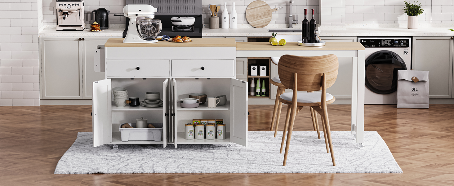 K&K 74.5 inch Kitchen Island with Extendable Dining Table , Rolling Kitchen Island on Wheels with Spice Rack and 2 Drawers, 4 Door Cabinet, for Kitchen, Dining Room, White (One Package) - Image 4