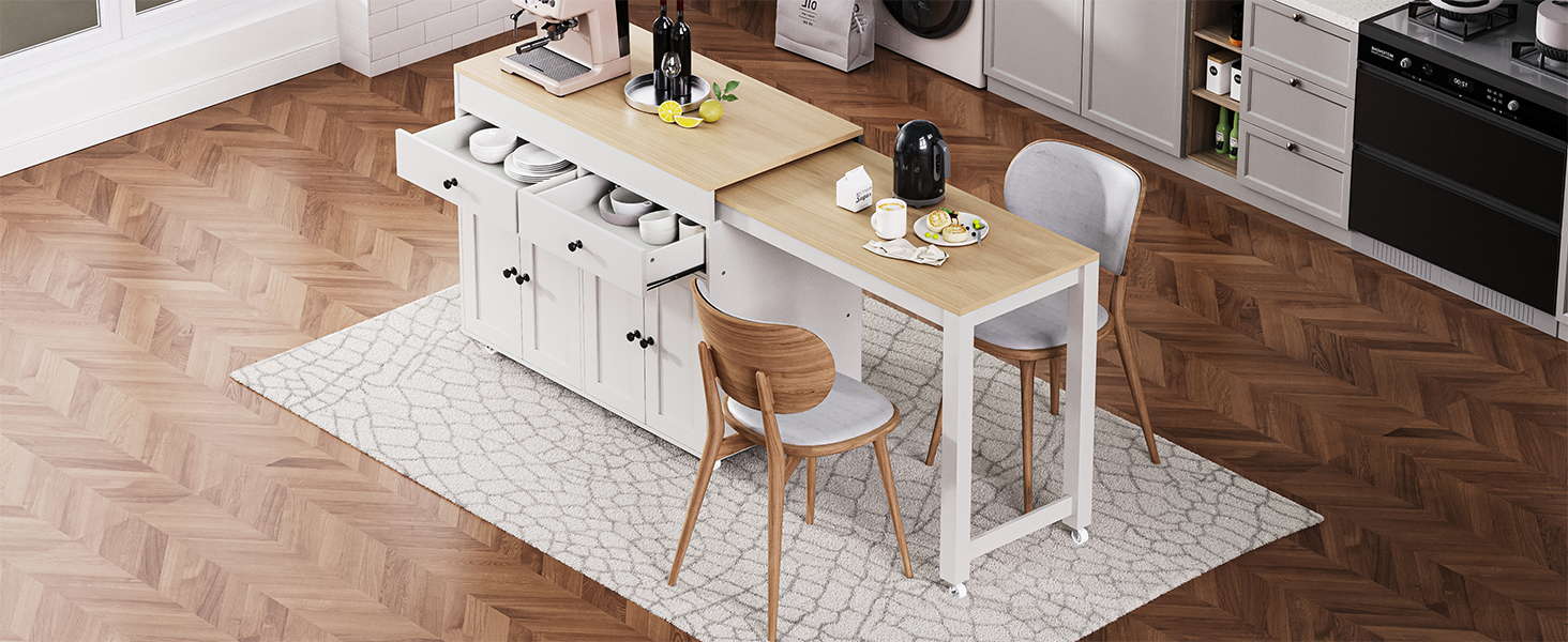 K&K 74.5 inch Kitchen Island with Extendable Dining Table , Rolling Kitchen Island on Wheels with Spice Rack and 2 Drawers, 4 Door Cabinet, for Kitchen, Dining Room, White (One Package) - Image 5