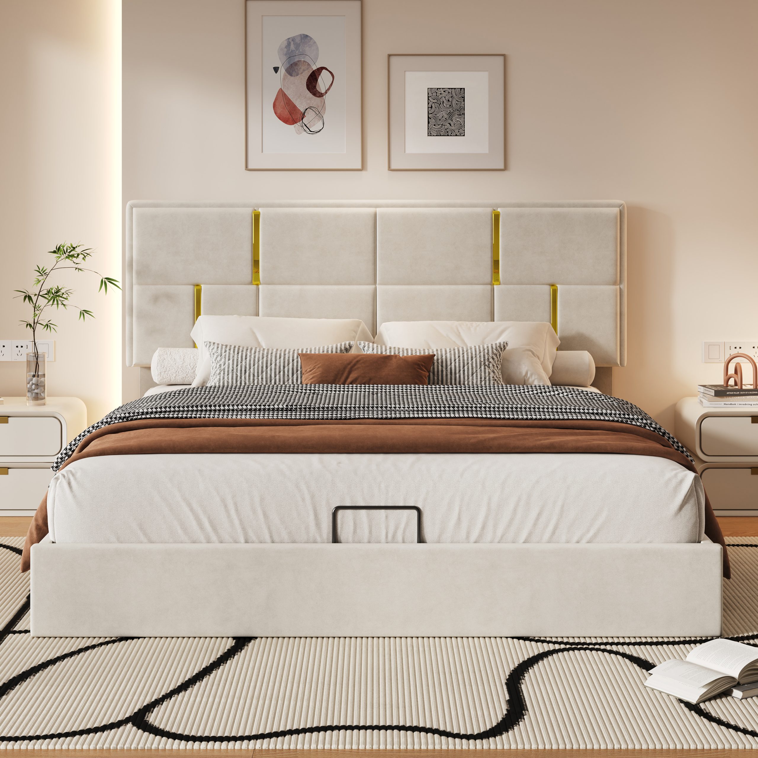 Queen Size Upholstered Platform Bed with Hydraulic Storage System,No Box Spring Needed,Beige(Old SKU: N733P207778A) - Image 3