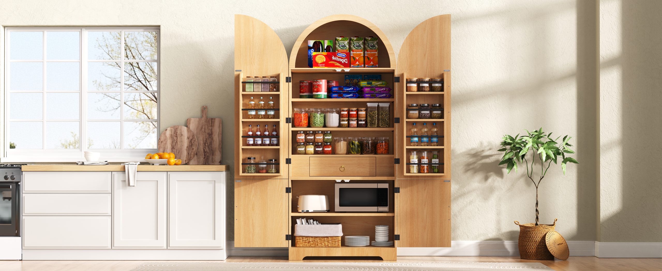 K&K 72" Tall Arched Kitchen Pantry Cabinet with 8 Door Shelves, Fluted Storage Cabinets with 3 Adjustable Shelves, Hidden Drawer, Versatile Cupboard for Kitchen, Dining & Bath Room, Natural - Image 2