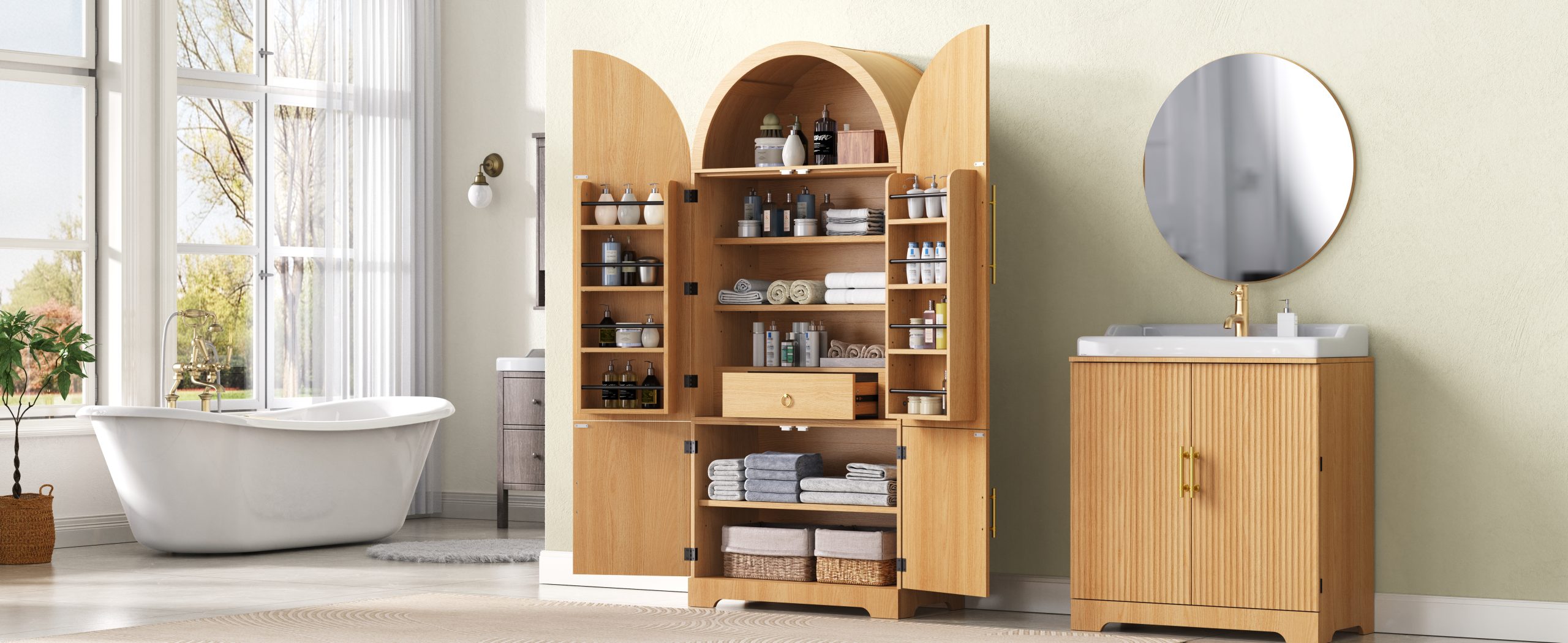 K&K 72" Tall Arched Kitchen Pantry Cabinet with 8 Door Shelves, Fluted Storage Cabinets with 3 Adjustable Shelves, Hidden Drawer, Versatile Cupboard for Kitchen, Dining & Bath Room, Natural - Image 4