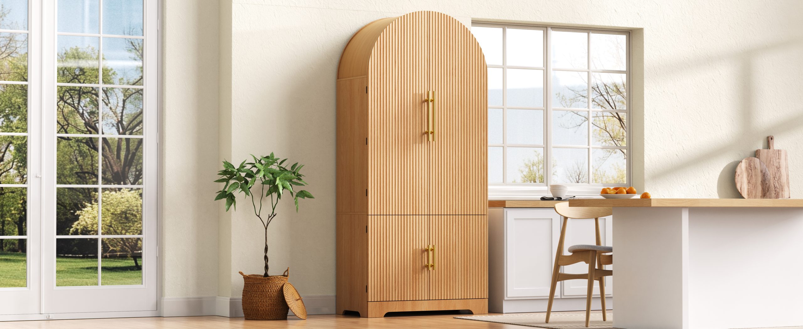 K&K 72" Tall Arched Kitchen Pantry Cabinet with 8 Door Shelves, Fluted Storage Cabinets with 3 Adjustable Shelves, Hidden Drawer, Versatile Cupboard for Kitchen, Dining & Bath Room, Natural - Image 5