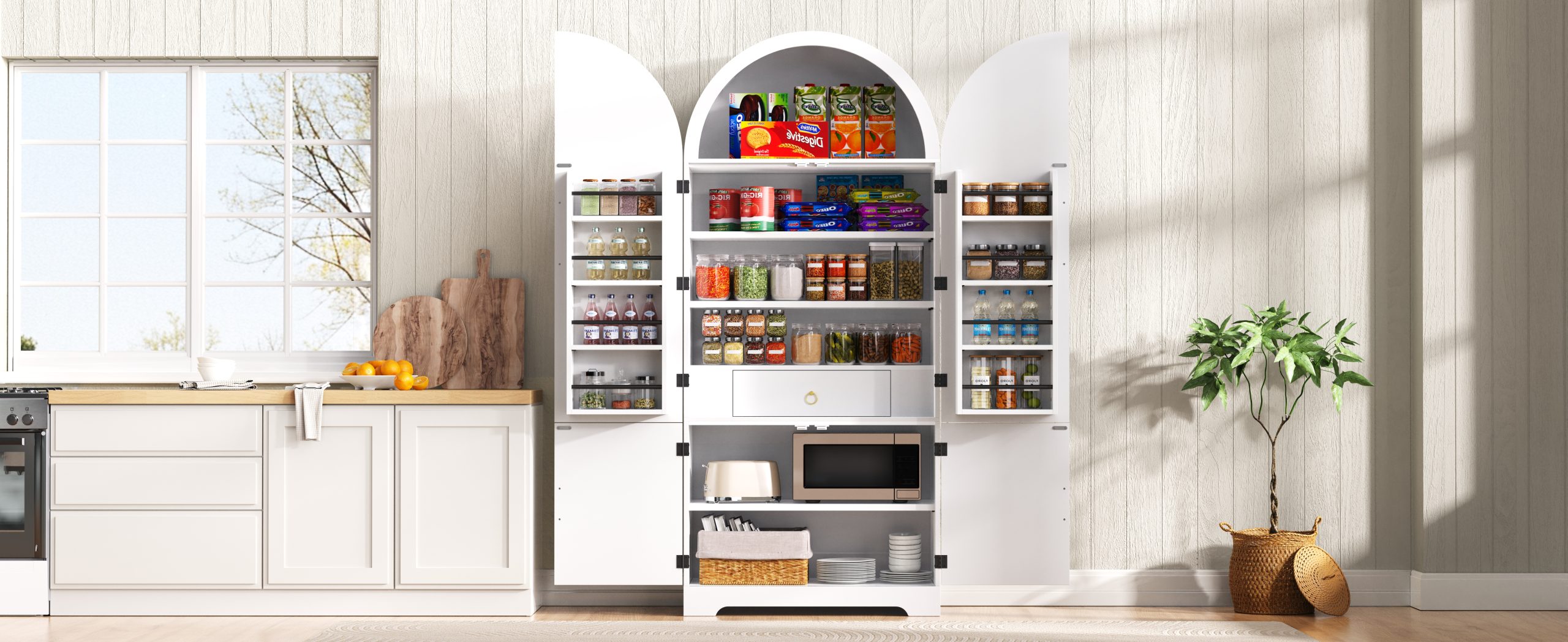 K&K 72" Tall Arched Kitchen Pantry Cabinet with 8 Door Shelves, Fluted Storage Cabinets with 3 Adjustable Shelves, Hidden Drawer, Versatile Cupboard for Kitchen, Dining & Bath Room, White - Image 3