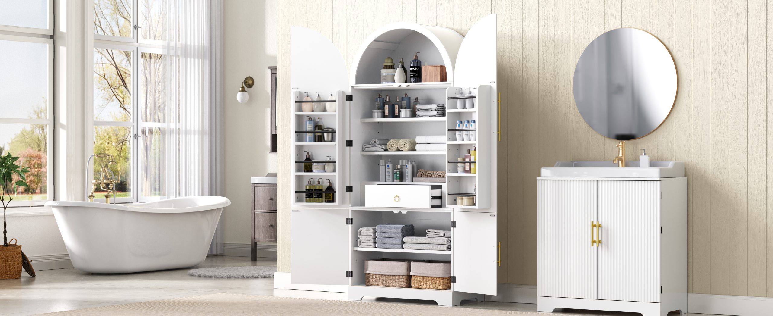 K&K 72" Tall Arched Kitchen Pantry Cabinet with 8 Door Shelves, Fluted Storage Cabinets with 3 Adjustable Shelves, Hidden Drawer, Versatile Cupboard for Kitchen, Dining & Bath Room, White - Image 4