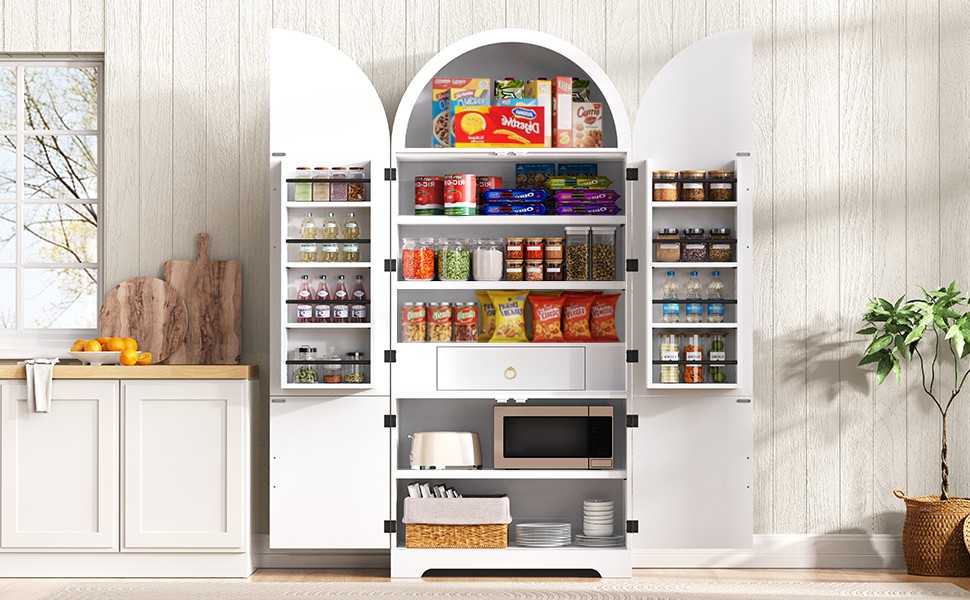 K&K 72" Tall Arched Kitchen Pantry Cabinet with 8 Door Shelves, Fluted Storage Cabinets with 3 Adjustable Shelves, Hidden Drawer, Versatile Cupboard for Kitchen, Dining & Bath Room, White - Image 6