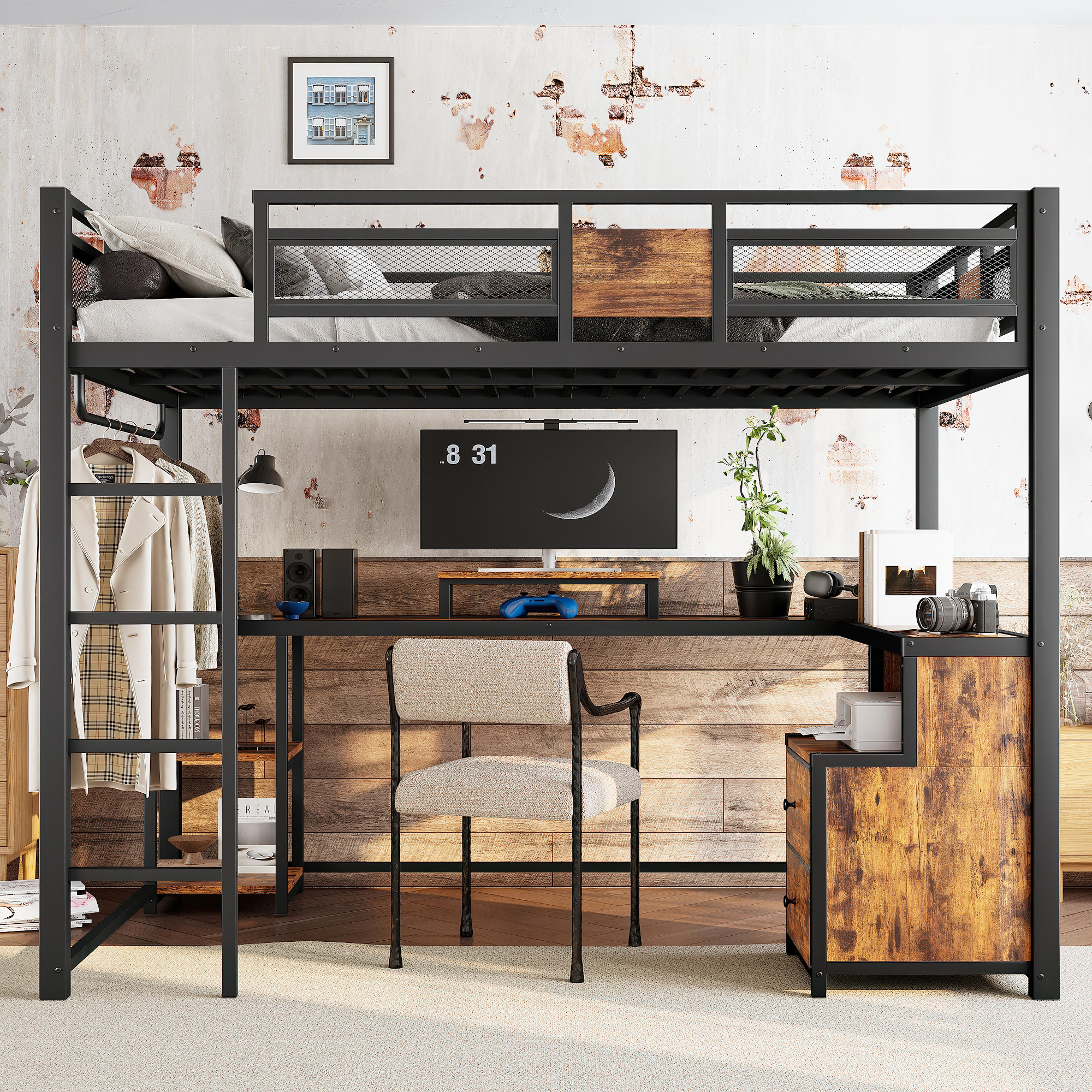 Full Loft Bed with Desk and Storage Non-woven Fabric Drawers, Metal Loft Bed Frame with Ladders, Nosie-free and No Spring Box Needed.Black - Image 2