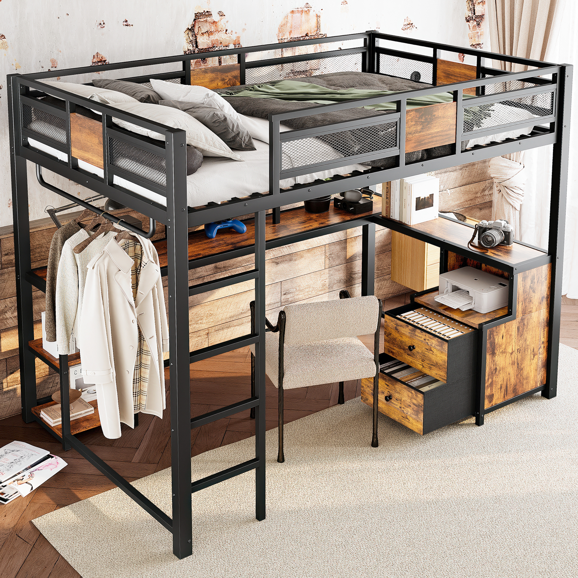 Full Loft Bed with Desk and Storage Non-woven Fabric Drawers, Metal Loft Bed Frame with Ladders, Nosie-free and No Spring Box Needed.Black - Image 3