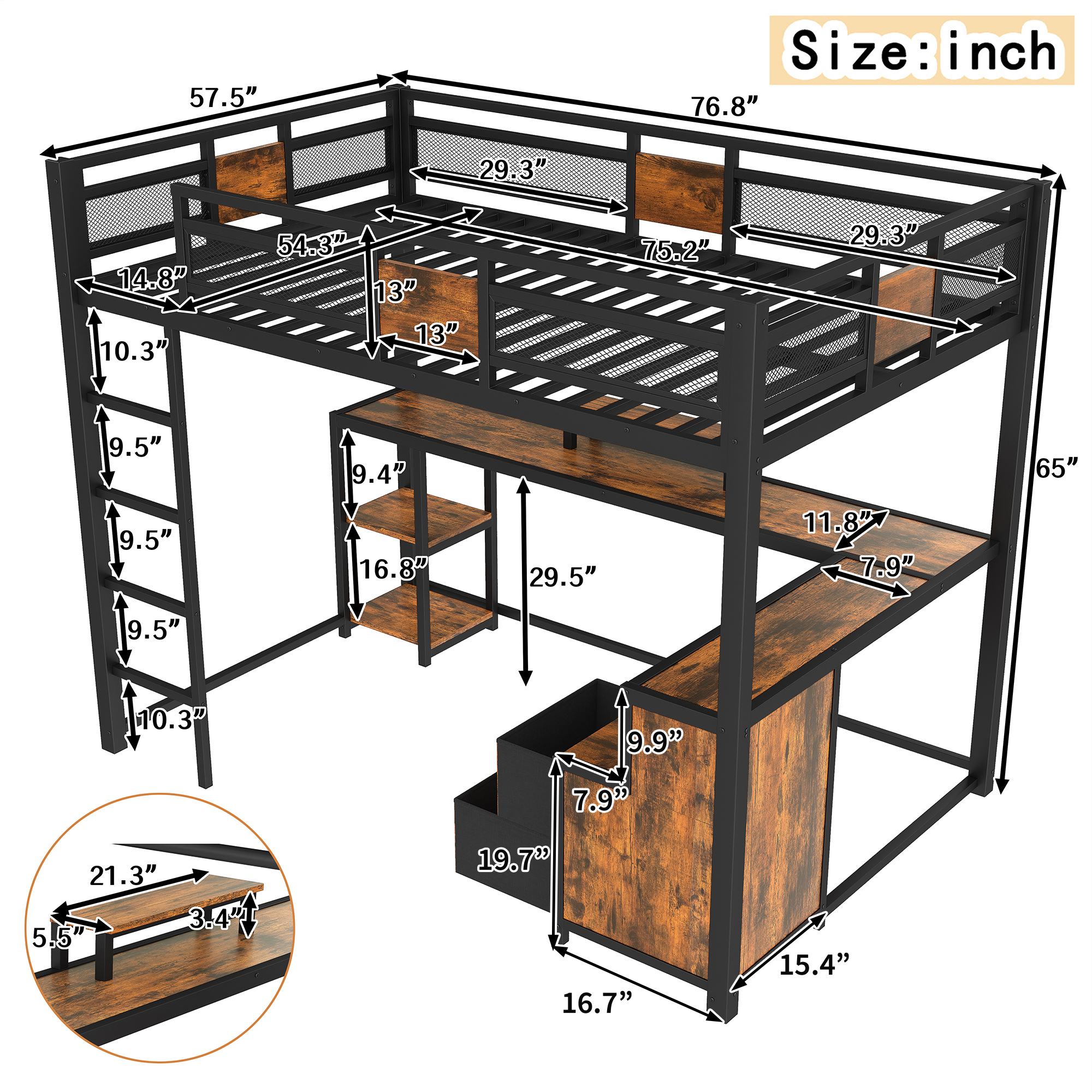 Full Loft Bed with Desk and Storage Non-woven Fabric Drawers, Metal Loft Bed Frame with Ladders, Nosie-free and No Spring Box Needed.Black - Image 4