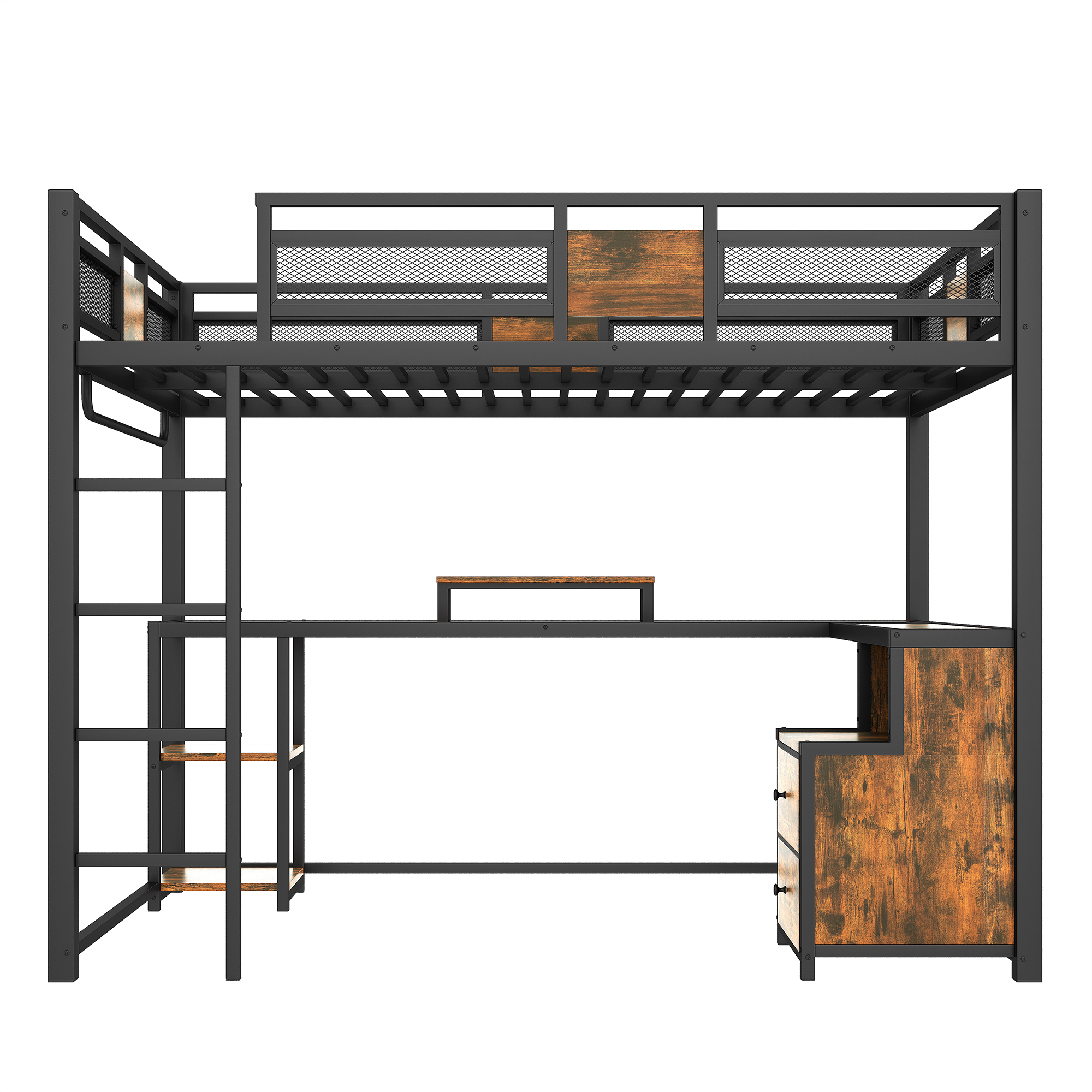 Full Loft Bed with Desk and Storage Non-woven Fabric Drawers, Metal Loft Bed Frame with Ladders, Nosie-free and No Spring Box Needed.Black - Image 5