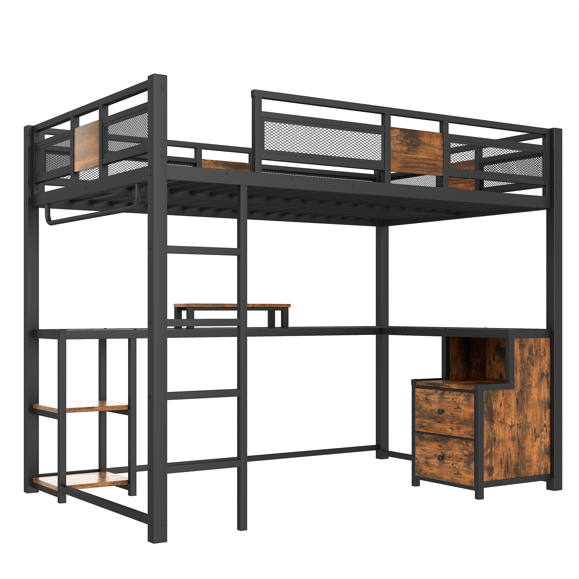 Full Loft Bed with Desk and Storage Non-woven Fabric Drawers, Metal Loft Bed Frame with Ladders, Nosie-free and No Spring Box Needed.Black - Image 6