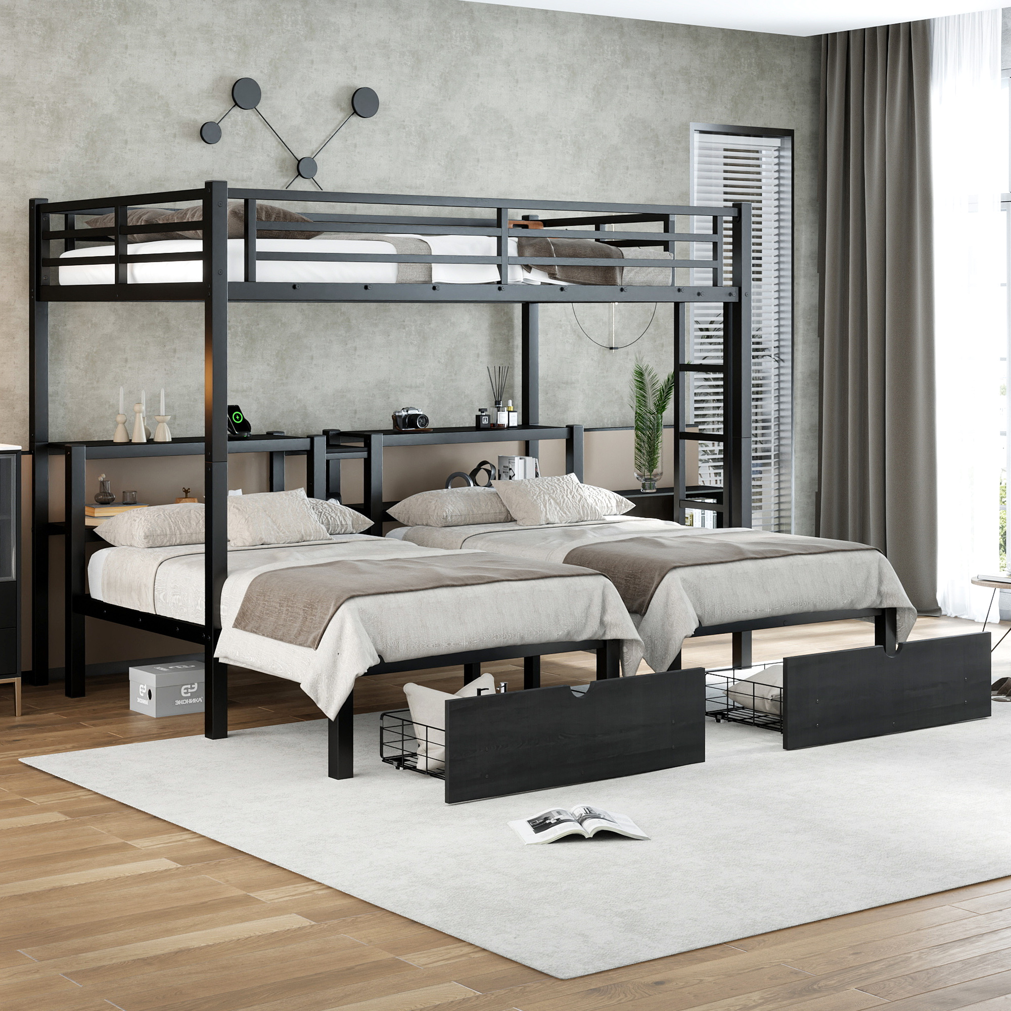 Full XL Over Twin & Twin Triple Bunk Bed with Drawers, Multi-functional Metal Frame Bed, Bed Head with Shelving & USB, Black - Image 2