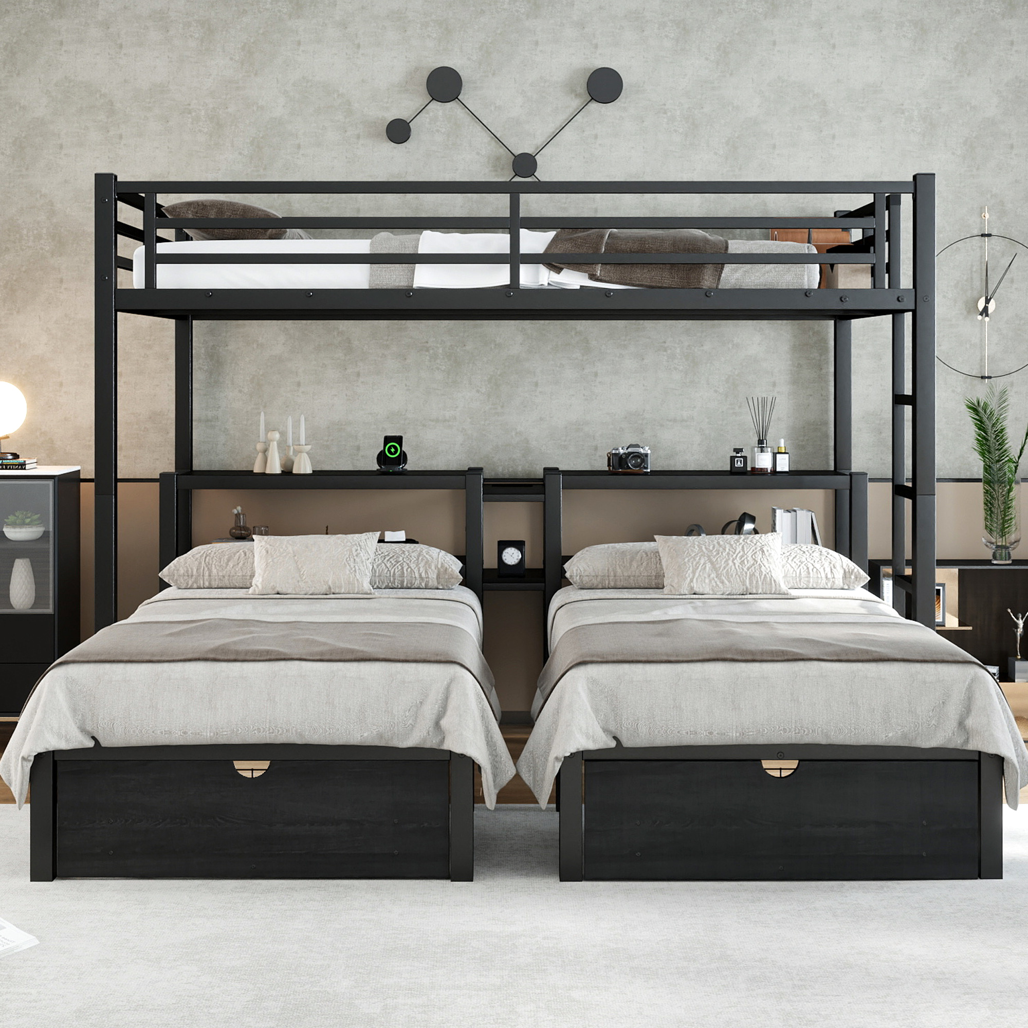 Full XL Over Twin & Twin Triple Bunk Bed with Drawers, Multi-functional Metal Frame Bed, Bed Head with Shelving & USB, Black - Image 3