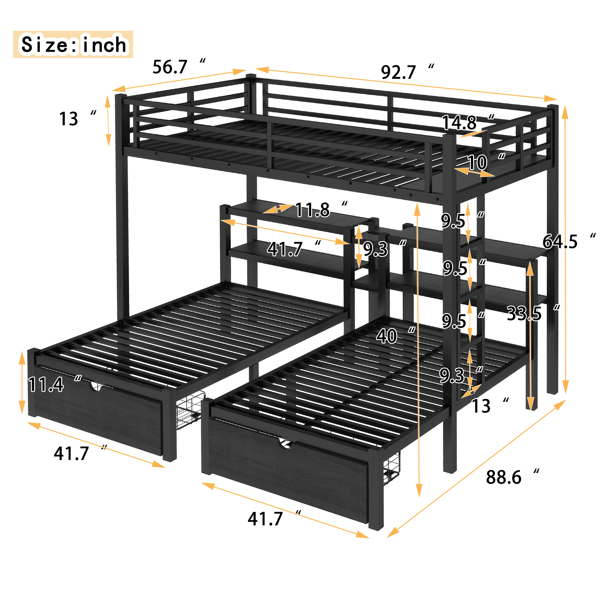 Full XL Over Twin & Twin Triple Bunk Bed with Drawers, Multi-functional Metal Frame Bed, Bed Head with Shelving & USB, Black - Image 5