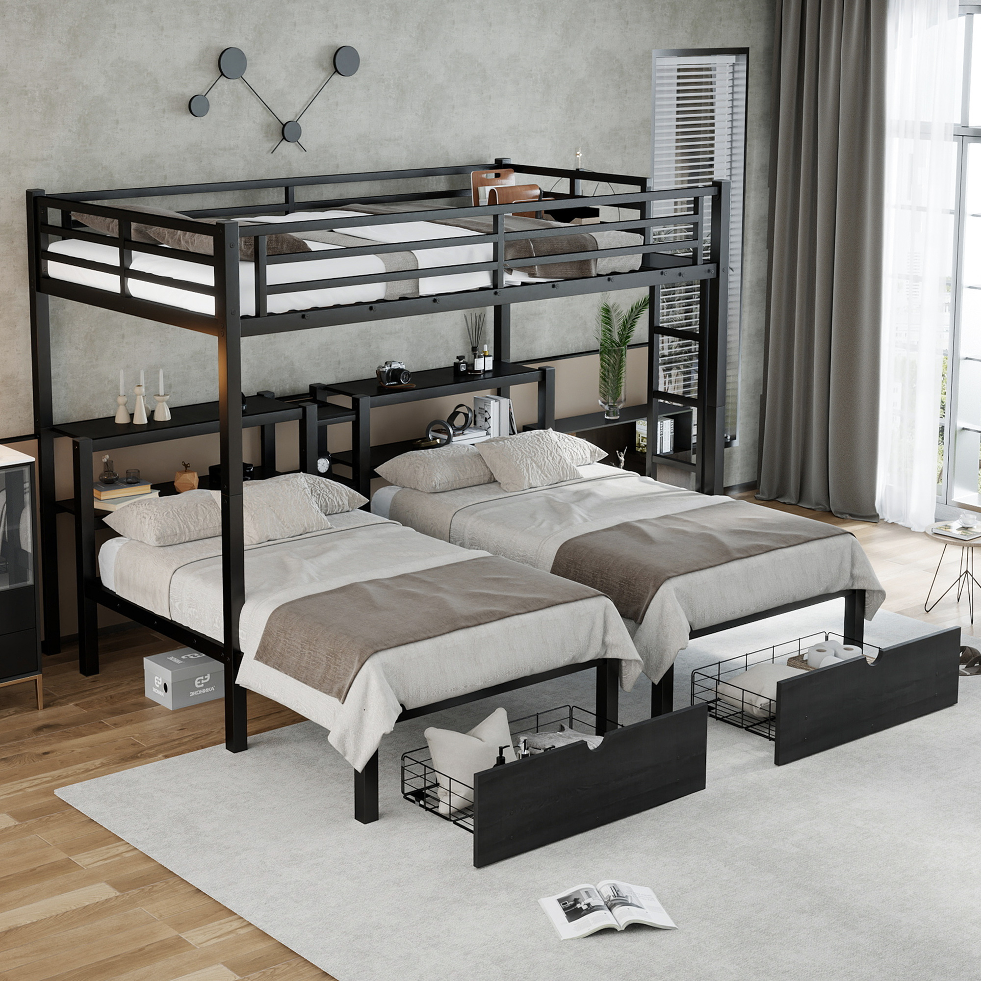 Full XL Over Twin & Twin Triple Bunk Bed with Drawers, Multi-functional Metal Frame Bed, Bed Head with Shelving & USB, Black - Image 4