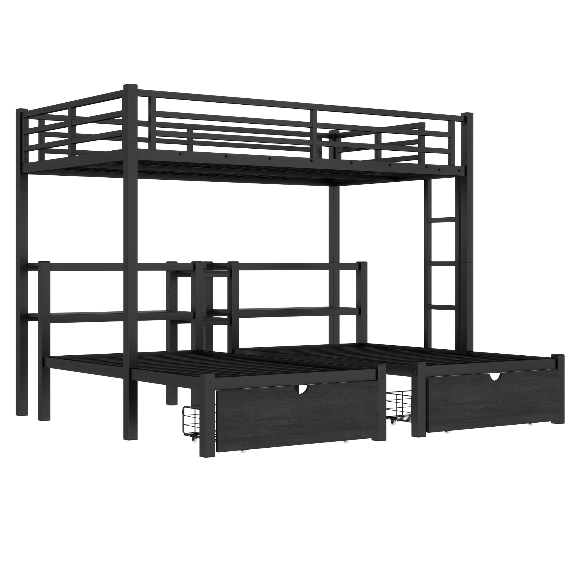 Full XL Over Twin & Twin Triple Bunk Bed with Drawers, Multi-functional Metal Frame Bed, Bed Head with Shelving & USB, Black - Image 6
