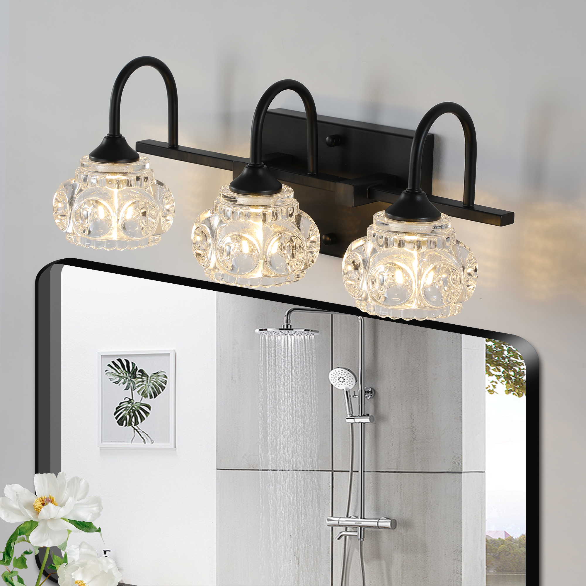 17" Retro 3-Light Bathroom Vanity Light Fixture - Black Finish with Crystal Glass Shades, Wall Mounted Lighting for Bathroom, Powder Room, and Vanity Mirror (No Bulbs) - Image 2