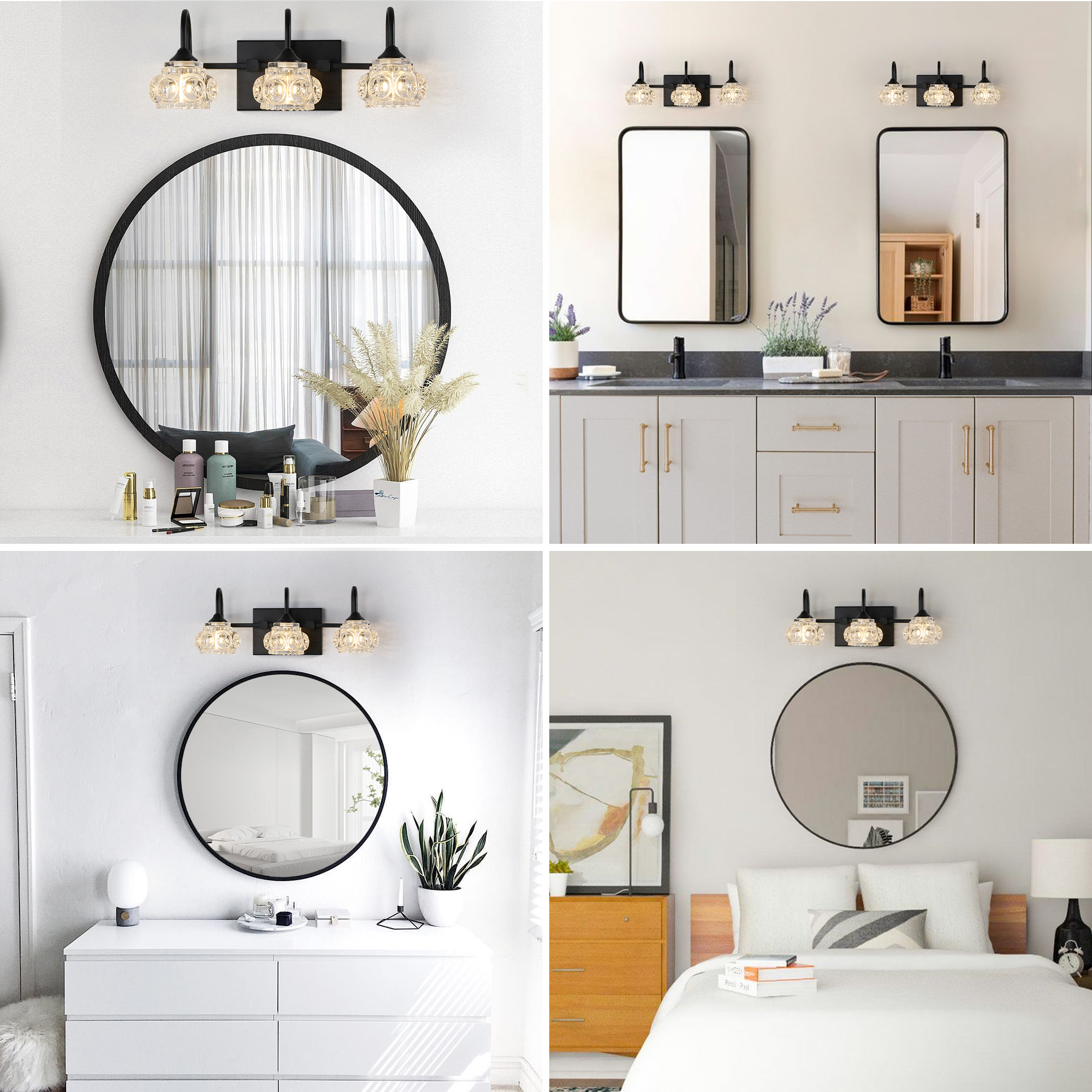 17" Retro 3-Light Bathroom Vanity Light Fixture - Black Finish with Crystal Glass Shades, Wall Mounted Lighting for Bathroom, Powder Room, and Vanity Mirror (No Bulbs) - Image 3