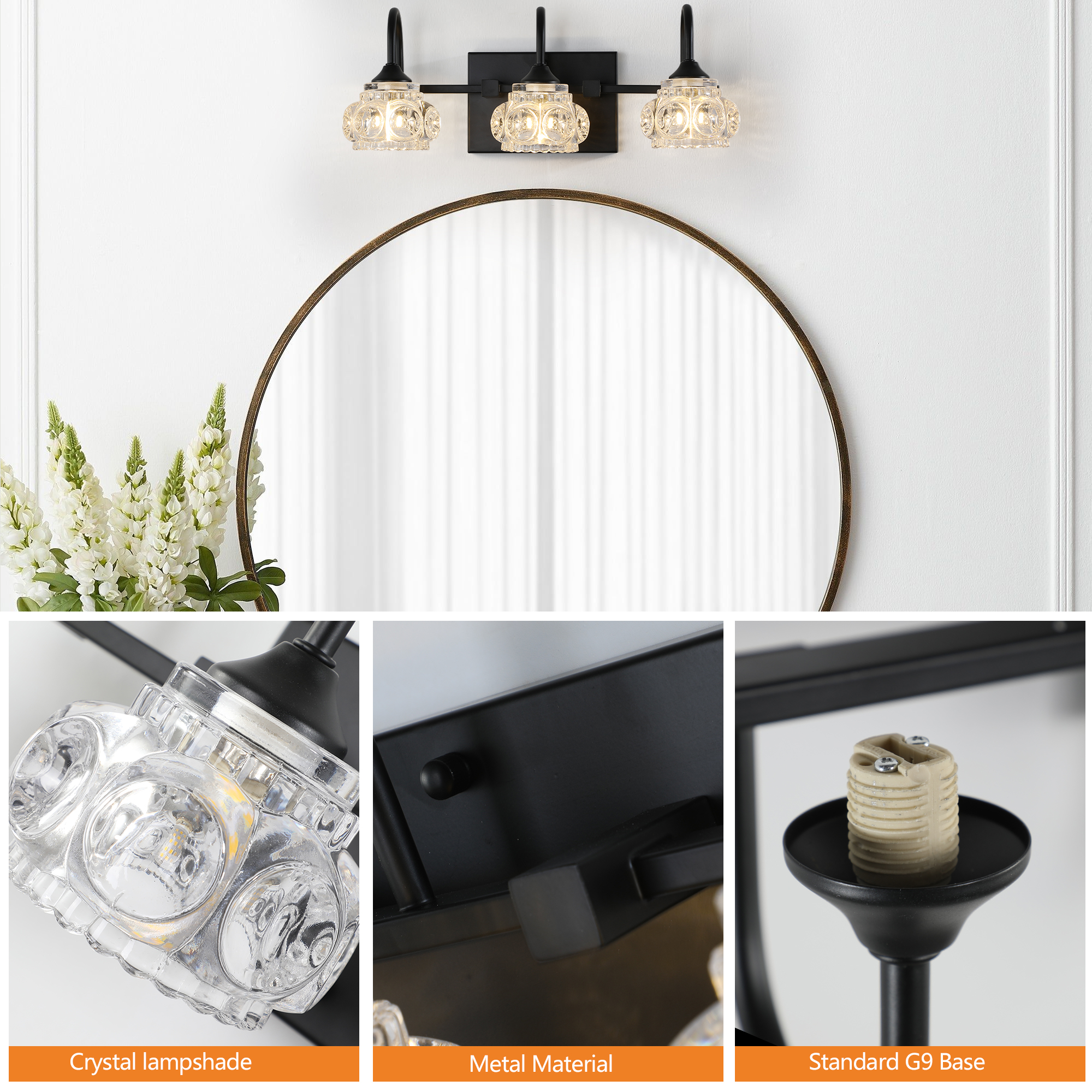 17" Retro 3-Light Bathroom Vanity Light Fixture - Black Finish with Crystal Glass Shades, Wall Mounted Lighting for Bathroom, Powder Room, and Vanity Mirror (No Bulbs) - Image 5