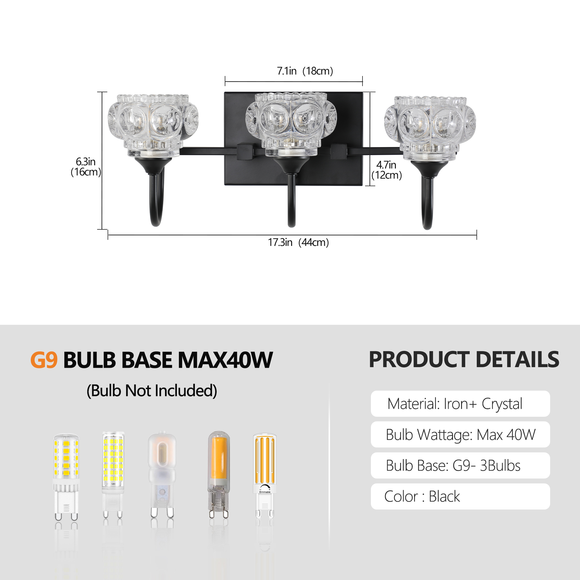 17" Retro 3-Light Bathroom Vanity Light Fixture - Black Finish with Crystal Glass Shades, Wall Mounted Lighting for Bathroom, Powder Room, and Vanity Mirror (No Bulbs) - Image 6