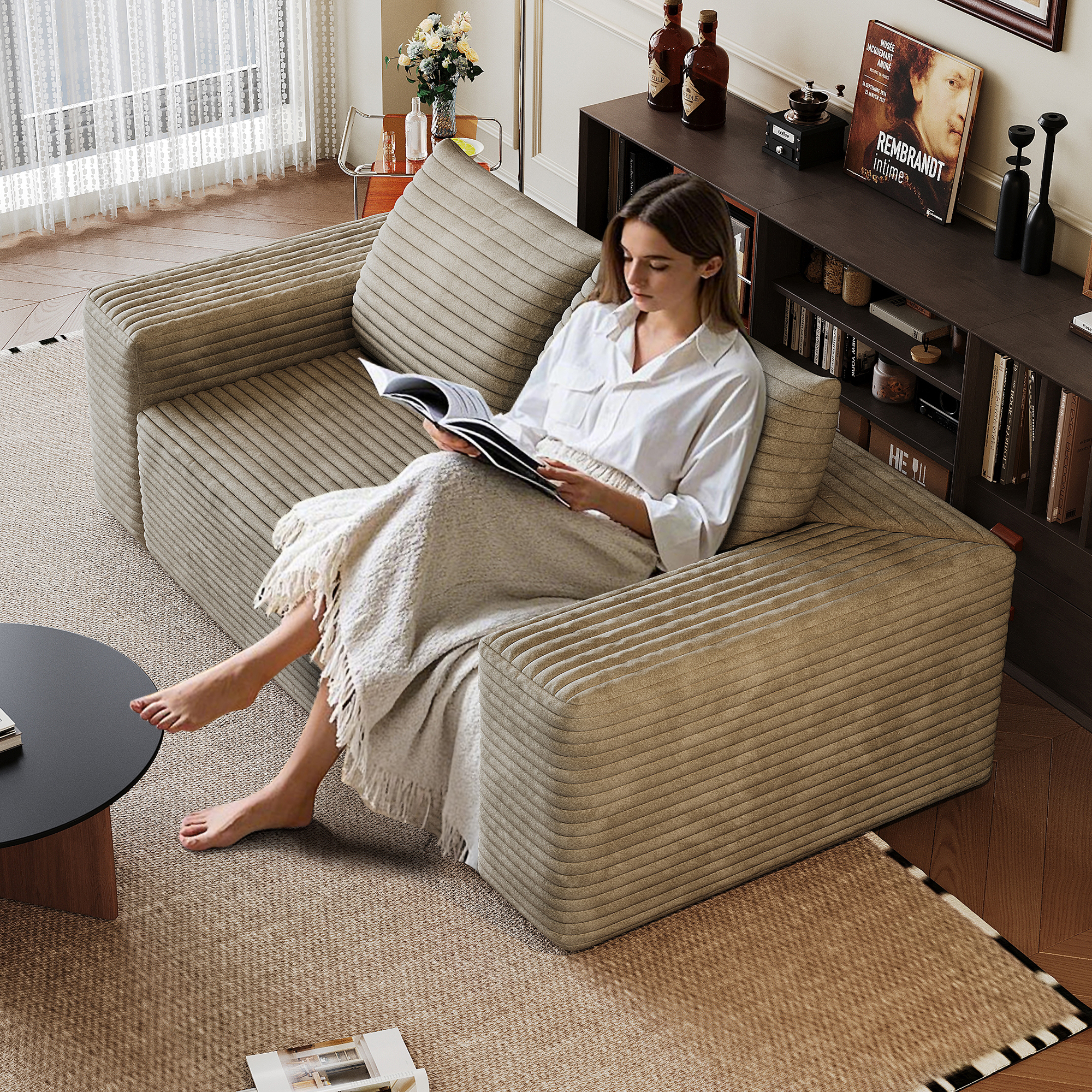 63" 2Setaser Sofa,Corduroy Fabric,Deep Seat Couches,Comfy Loveseat Sofa,No Assembly,1pcs for Living room, Bedroom,Conference room ,Apartment,Camel - Image 3