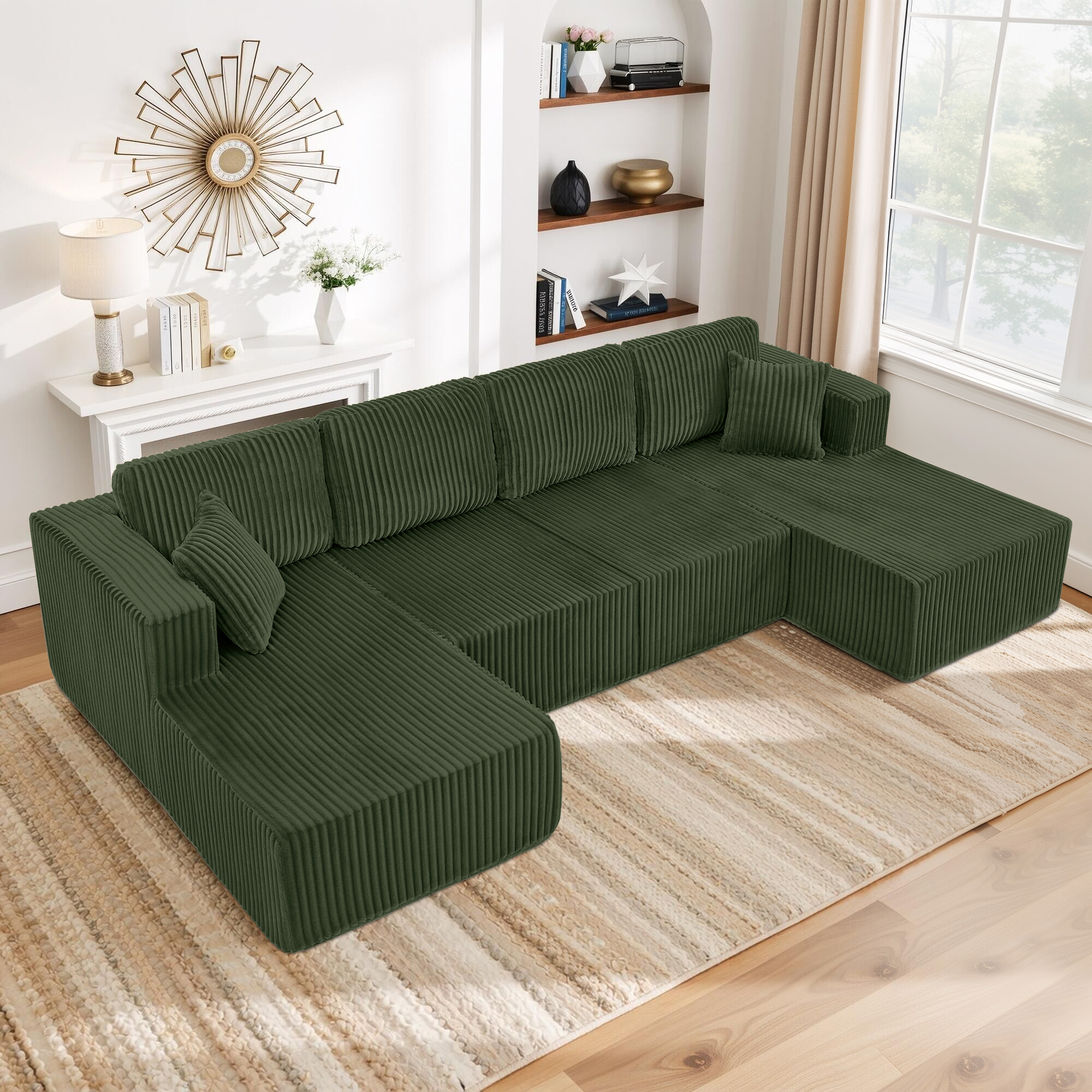 U-Shaped Modular Sectional Sofa [SIZE UPGRADED], Modern Minimalist Corduroy Compressed Sleeper Couch, Extra Spacious Design for Living Room/Bedroom, Comfy Space-Saving Sofa-Green - Image 2