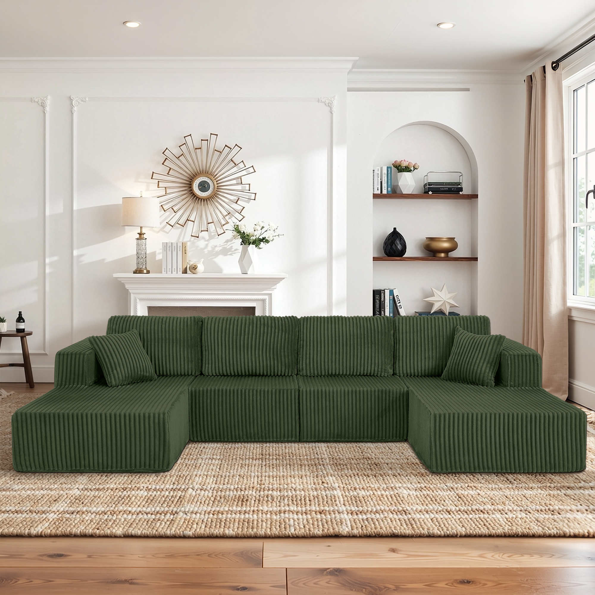 U-Shaped Modular Sectional Sofa [SIZE UPGRADED], Modern Minimalist Corduroy Compressed Sleeper Couch, Extra Spacious Design for Living Room/Bedroom, Comfy Space-Saving Sofa-Green - Image 3