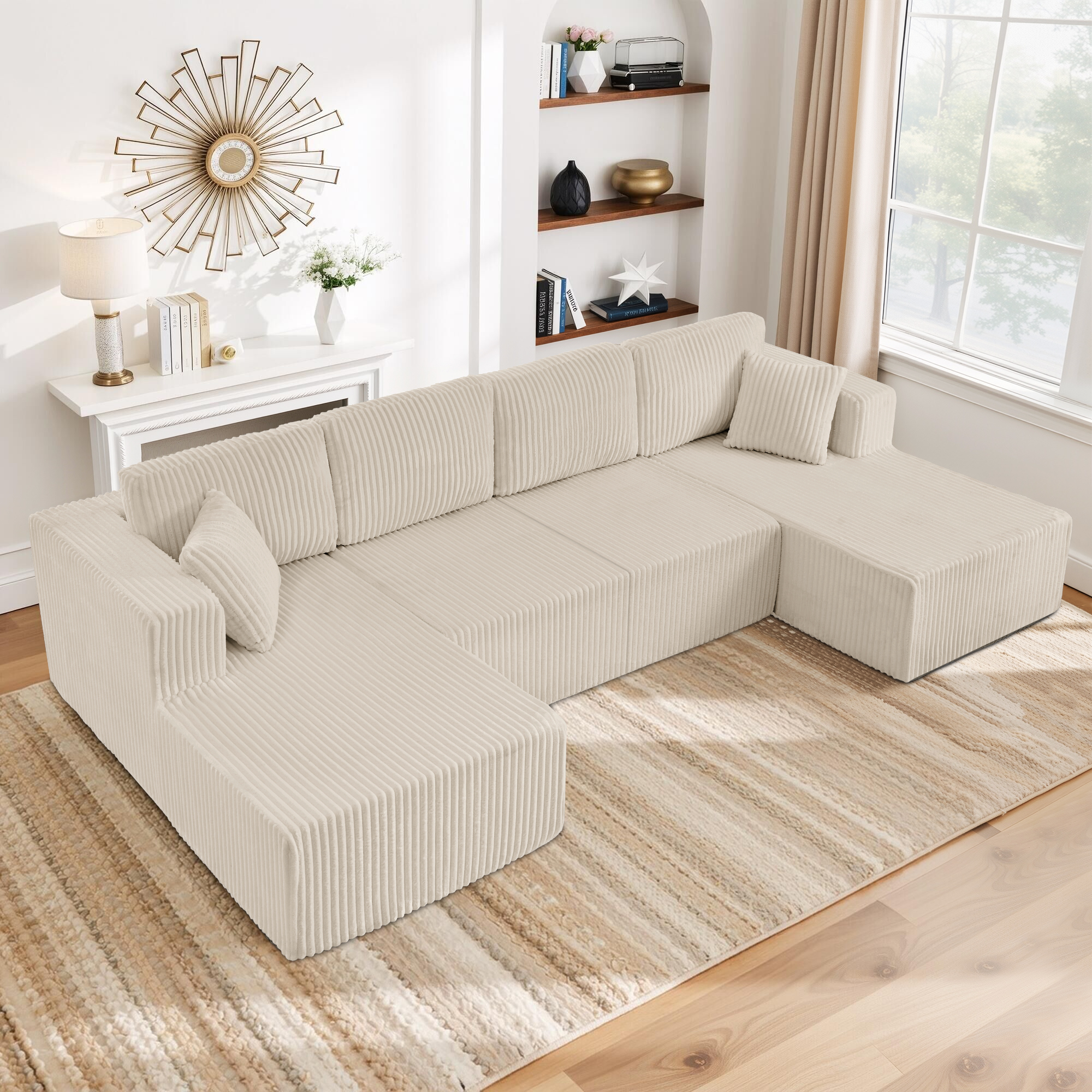 U-Shaped Modular Sectional Sofa [SIZE UPGRADED], Modern Minimalist Corduroy Compressed Sleeper Couch, Extra Spacious Design for Living Room/Bedroom, Comfy Space-Saving Sofa-Beige - Image 2