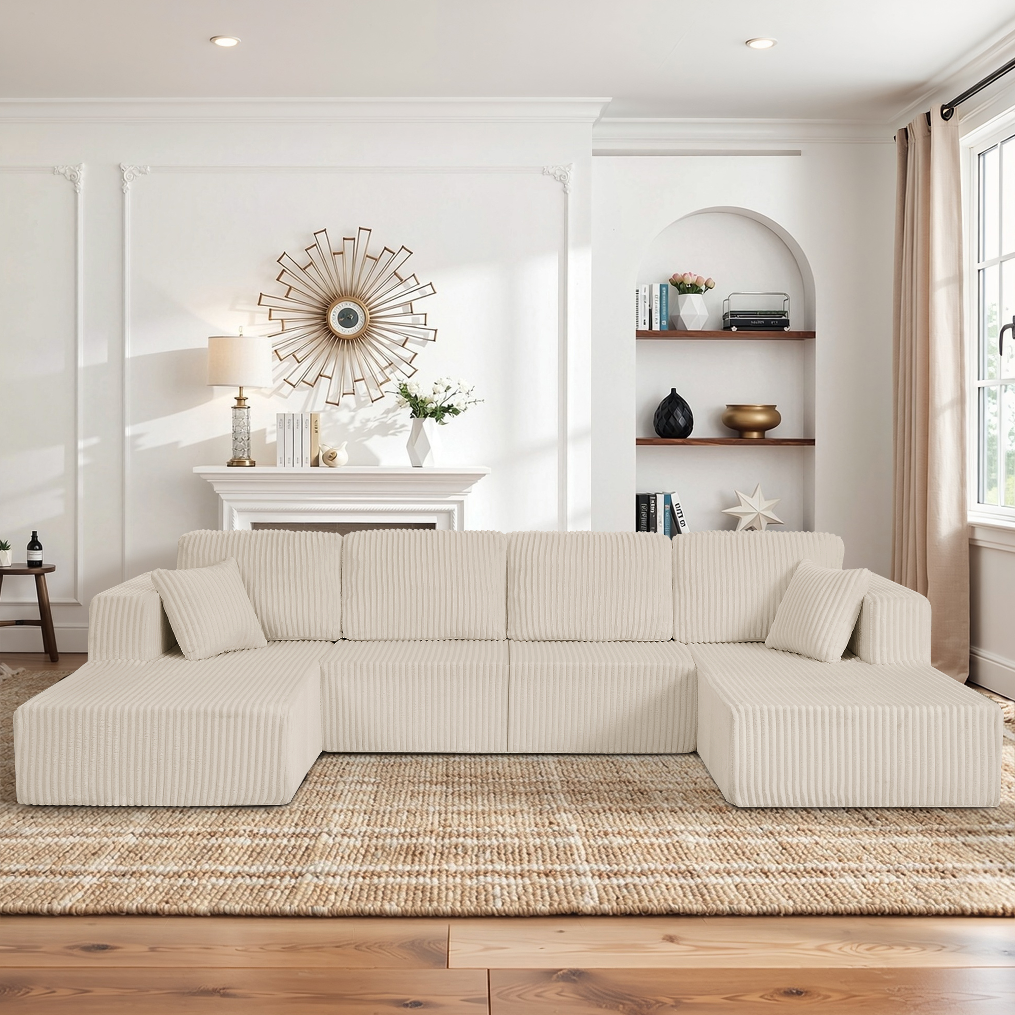U-Shaped Modular Sectional Sofa [SIZE UPGRADED], Modern Minimalist Corduroy Compressed Sleeper Couch, Extra Spacious Design for Living Room/Bedroom, Comfy Space-Saving Sofa-Beige - Image 3