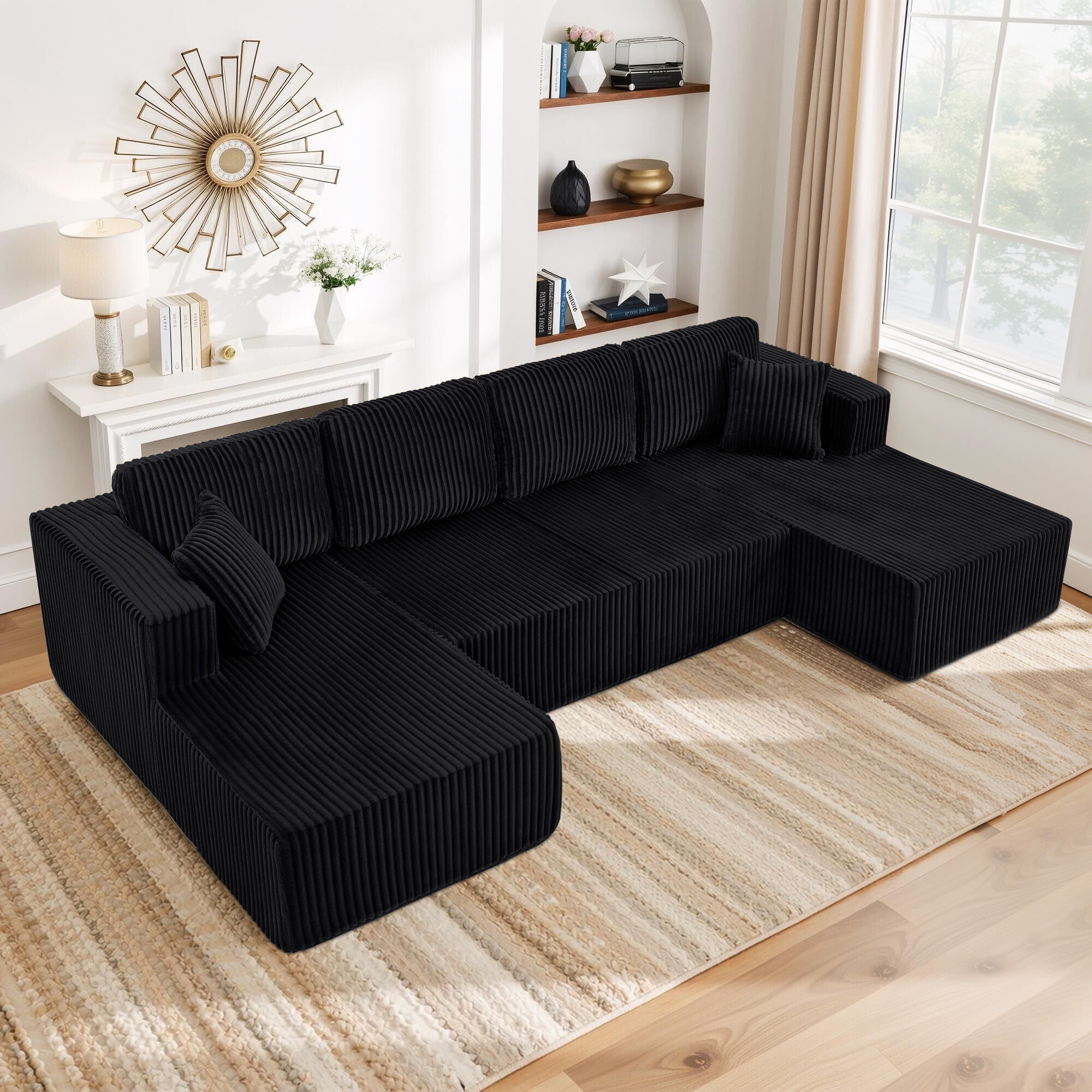 U-Shaped Modular Sectional Sofa [SIZE UPGRADED], Modern Minimalist Corduroy Compressed Sleeper Couch, Extra Spacious Design for Living Room/Bedroom, Comfy Space-Saving Sofa-Black - Image 2