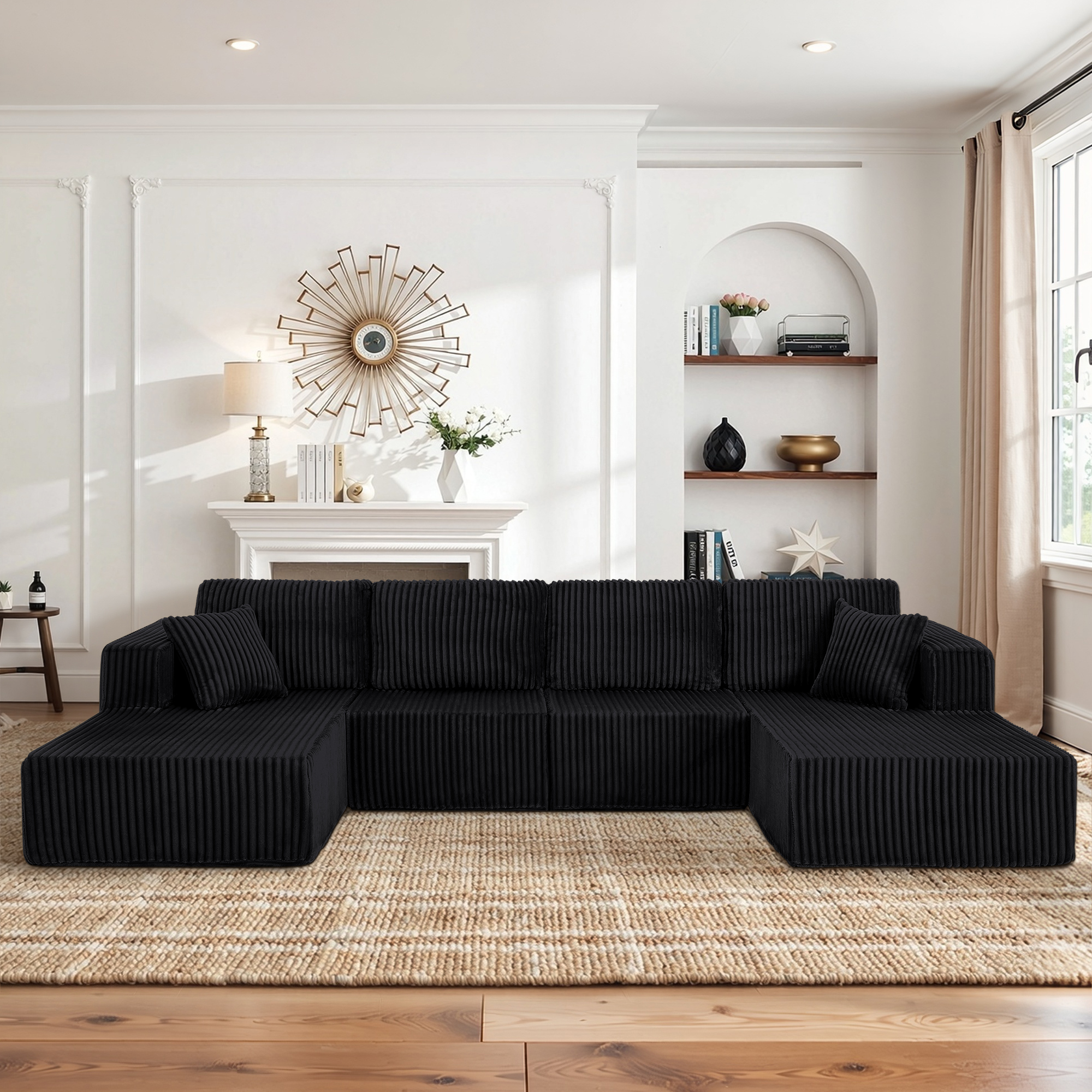 U-Shaped Modular Sectional Sofa [SIZE UPGRADED], Modern Minimalist Corduroy Compressed Sleeper Couch, Extra Spacious Design for Living Room/Bedroom, Comfy Space-Saving Sofa-Black - Image 3