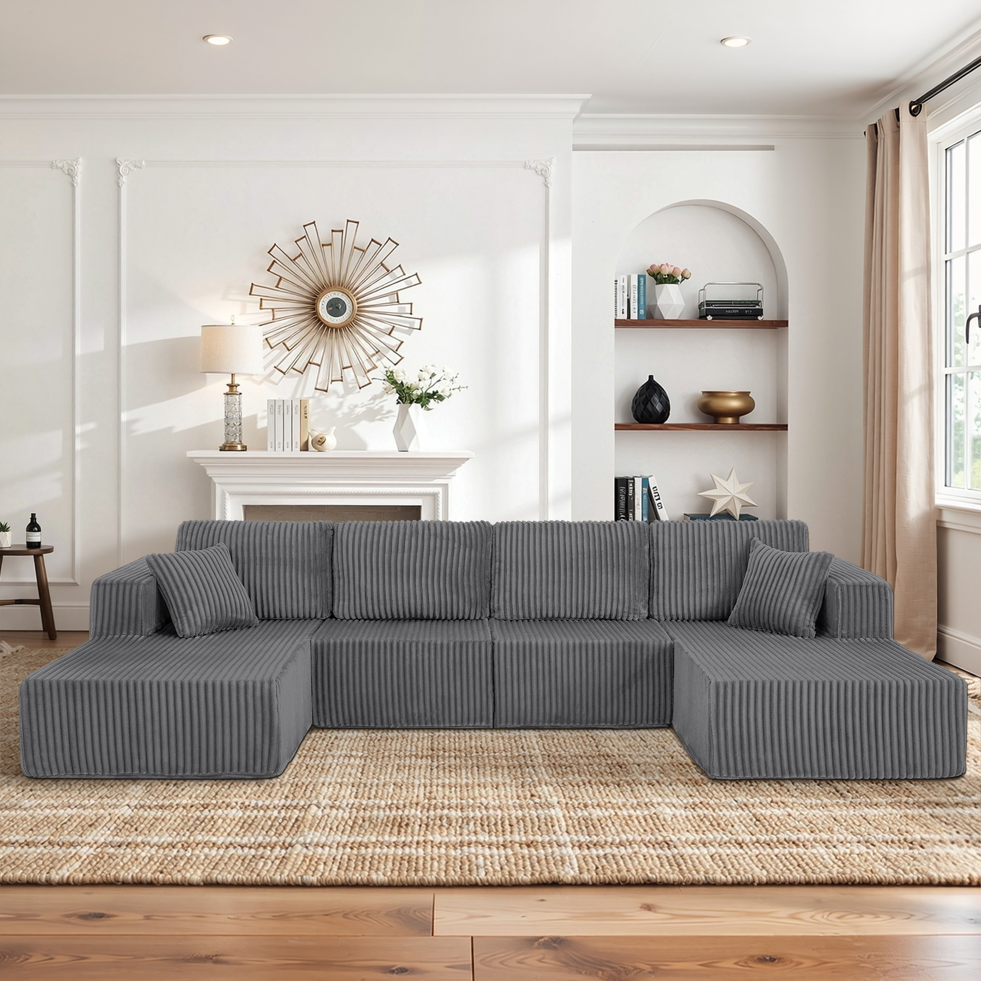 U-Shaped Modular Sectional Sofa [SIZE UPGRADED], Modern Minimalist Corduroy Compressed Sleeper Couch, Extra Spacious Design for Living Room/Bedroom, Comfy Space-Saving Sofa-Dark Gray - Image 2