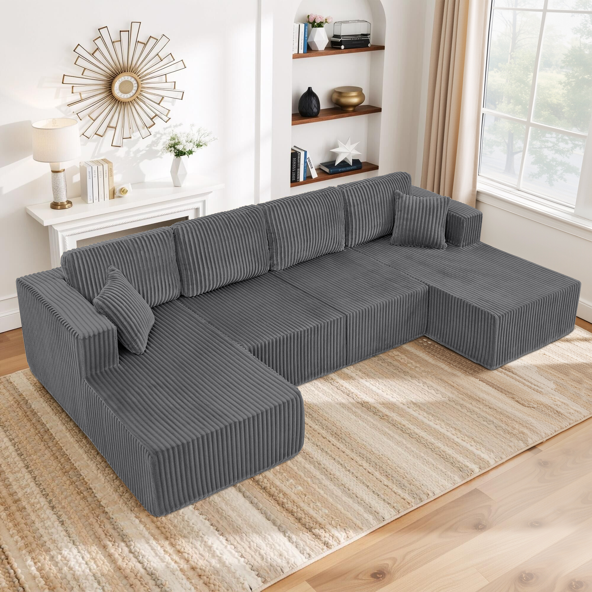 U-Shaped Modular Sectional Sofa [SIZE UPGRADED], Modern Minimalist Corduroy Compressed Sleeper Couch, Extra Spacious Design for Living Room/Bedroom, Comfy Space-Saving Sofa-Dark Gray - Image 3