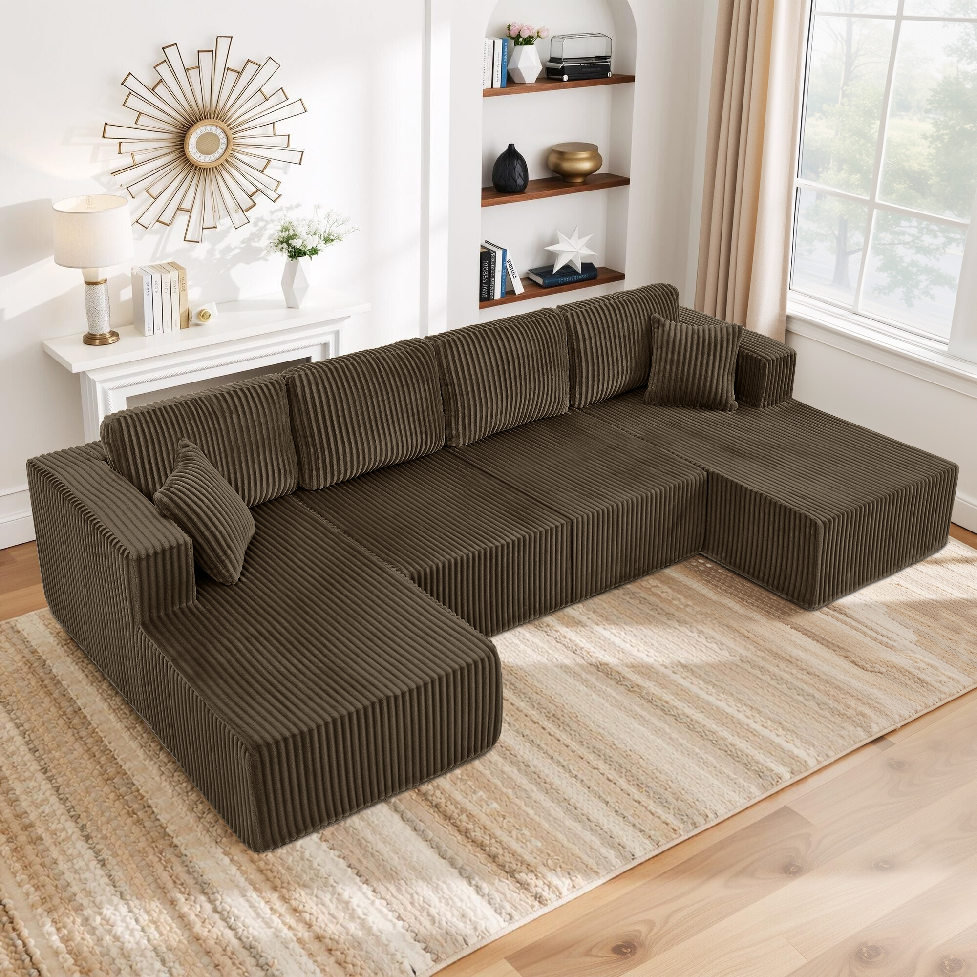 U-Shaped Modular Sectional Sofa [SIZE UPGRADED], Modern Minimalist Corduroy Compressed Sleeper Couch, Extra Spacious Design for Living Room/Bedroom, Comfy Space-Saving Sofa-Brown - Image 2